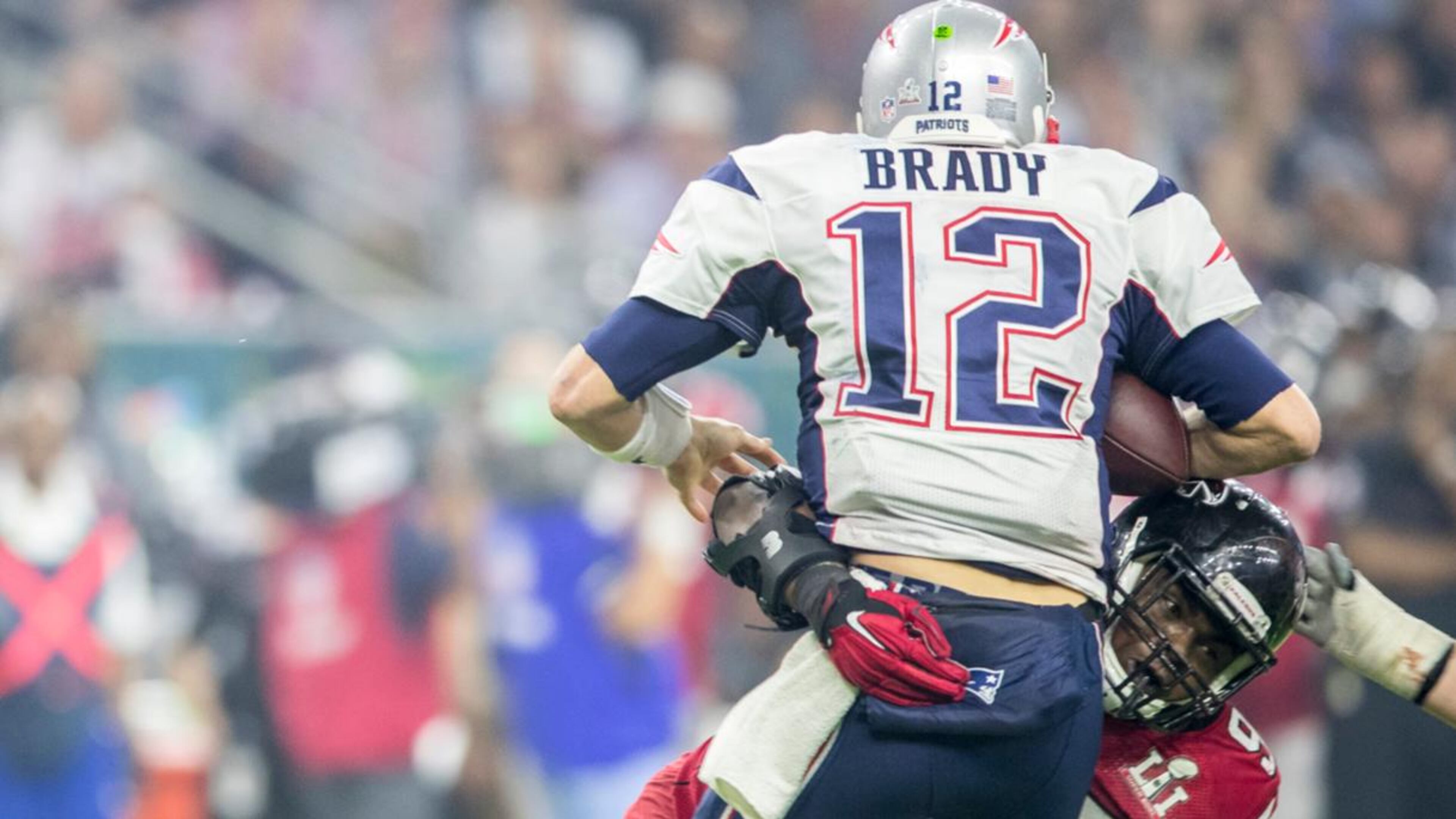 Atlanta Falcons 97 Grady Jarrett sacks New England Patriots Tom Brady in the 4th quarter on Sunday, Feb. 5 , 2017 during the NFL Super Bowl LI football game at the NRG Stadium in Houston, Texas. RICARDO B. BRAZZIELL/AMERICAN-STATESMAN