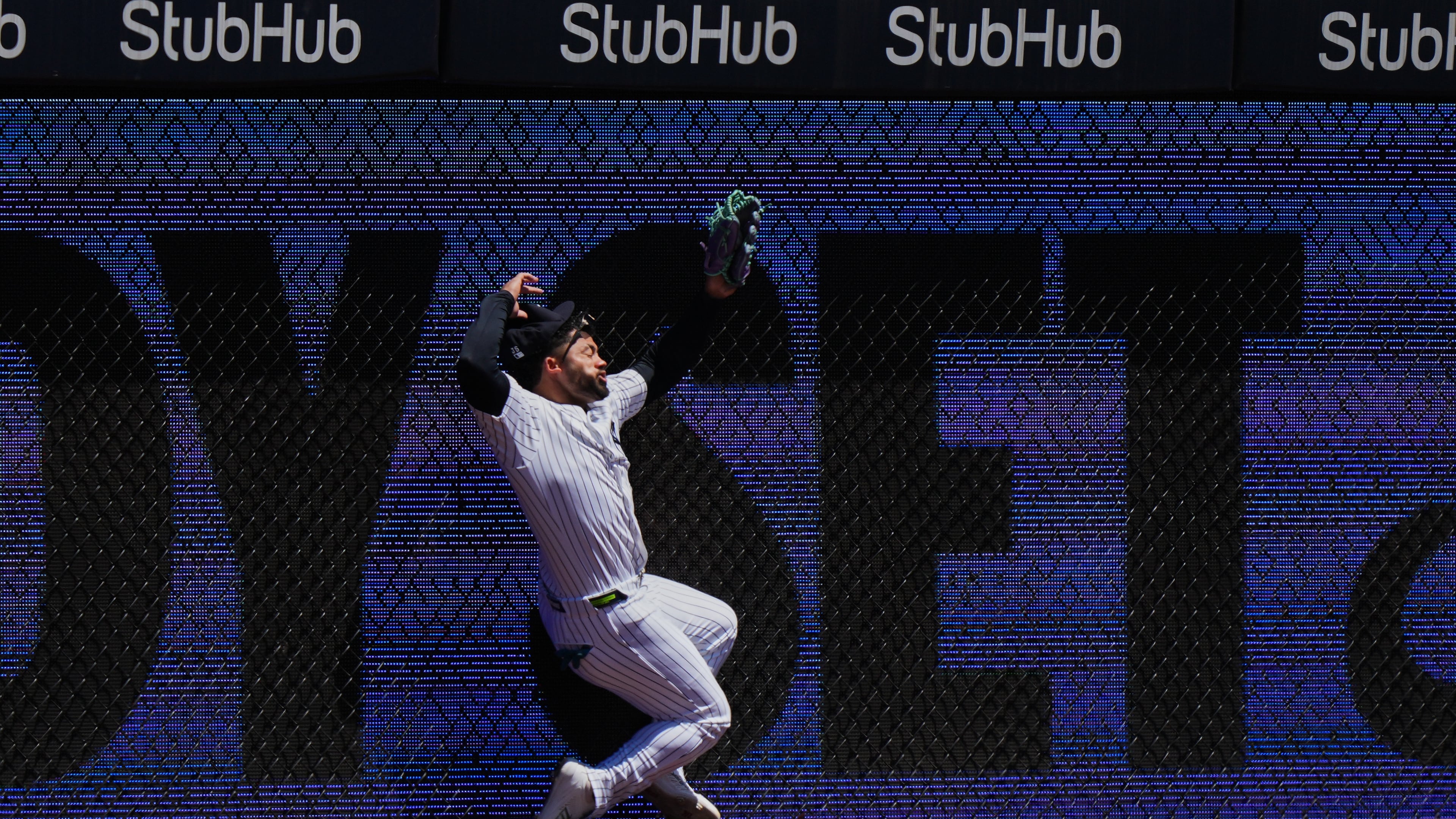 New York Yankees' Jasson Domínguez is injured while catching a ball hit by Texas Rangers' Brandon Nimmo for an out during the first inning of a baseball game Thursday, May 7, 2026, in New York. (AP Photo/Frank Franklin II)
