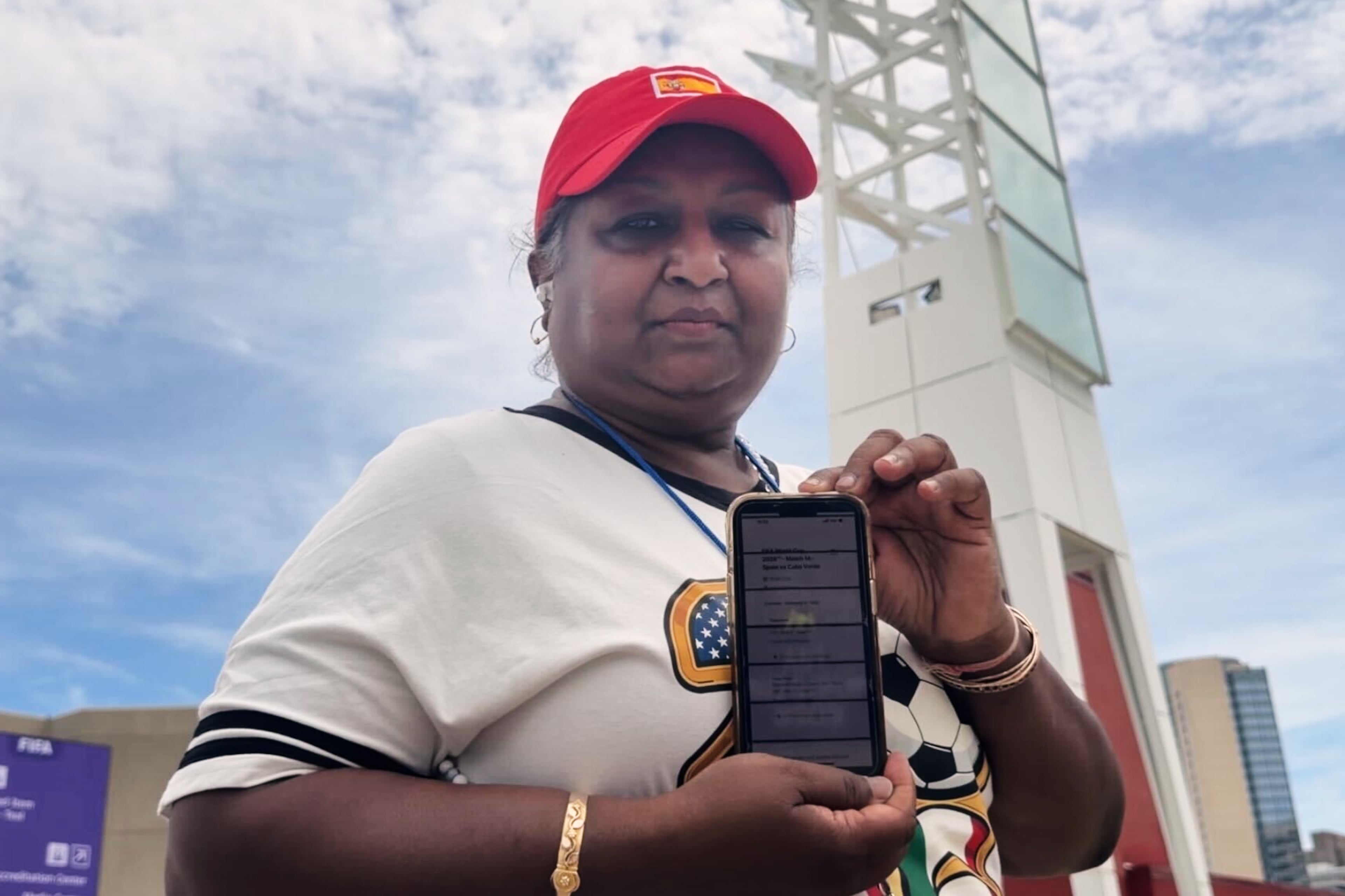 Bina Ramroop holds proof of the ticket she bought through StubHub for the World Cup Group H soccer match between Spain and Cape Verde in Atlanta on Monday, June 15, 2026. (Emilie Megnien/AP)
