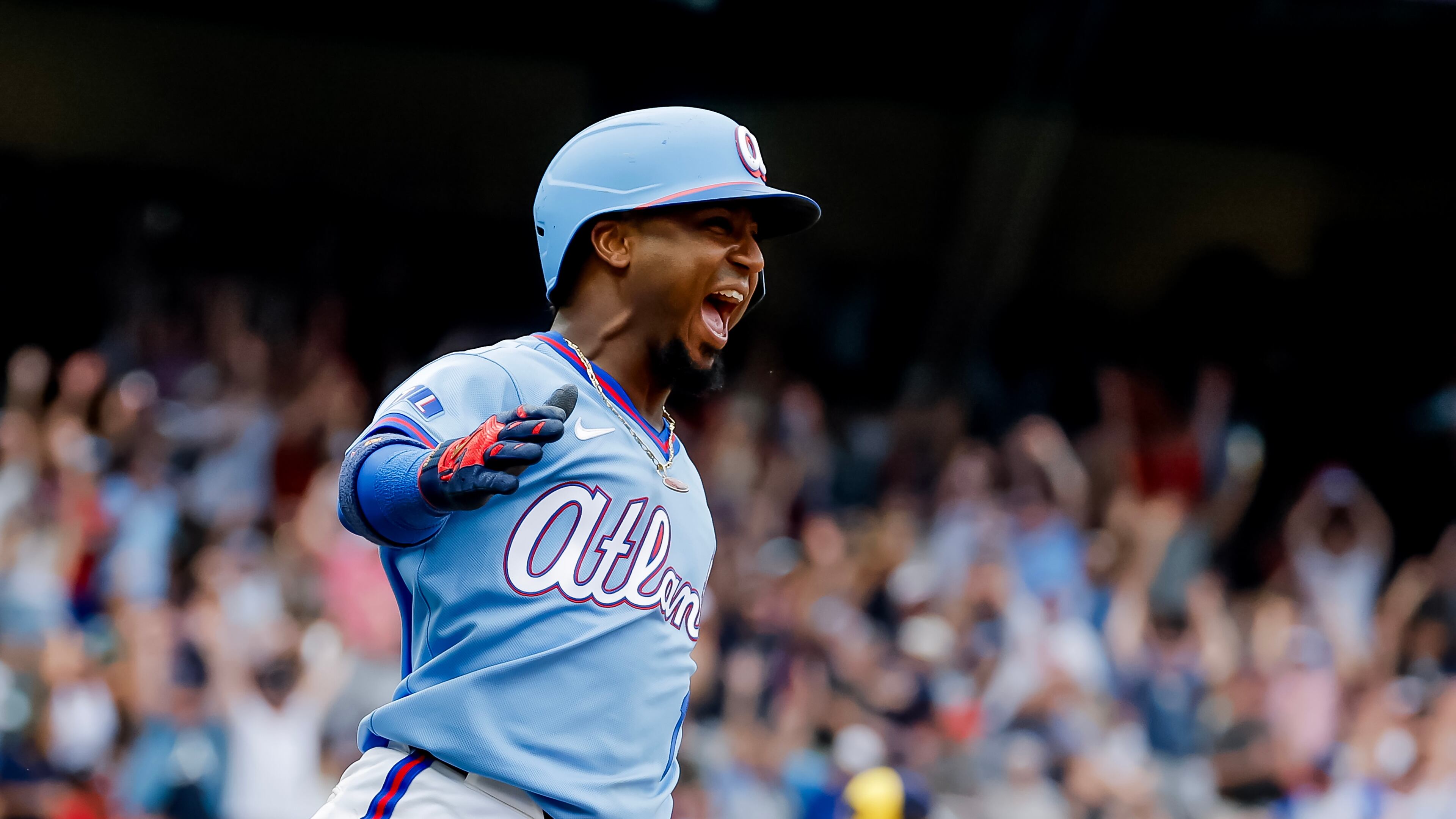 Atlanta Braves' Ozzie Albies celebrates after hitting the winning two-run home run against the Milwaukee Brewers during the ninth inning of a baseball game, Saturday, June 20, 2026, in Atlanta. (AP Photo/Erik S. Lesser)