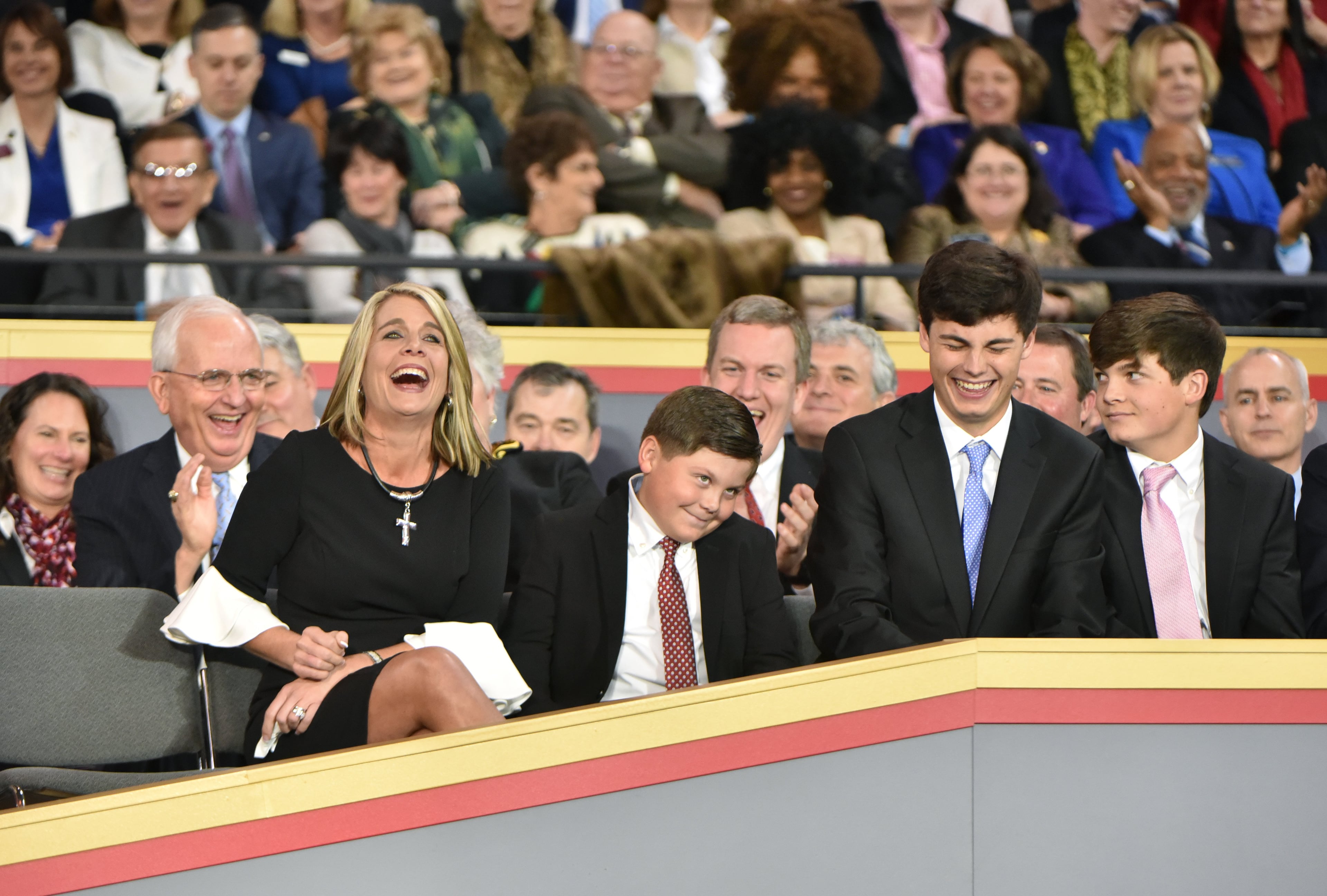 January 14, 2019 Atlanta - Brooke Duncan (left), wife of Lieutenant Governor Geoff Duncan, and her children react during the swearing-in ceremony at McCamish Pavilion in Campus of Georgia Tech on Monday, January 14, 2019. HYOSUB SHIN / HSHIN@AJC.COM