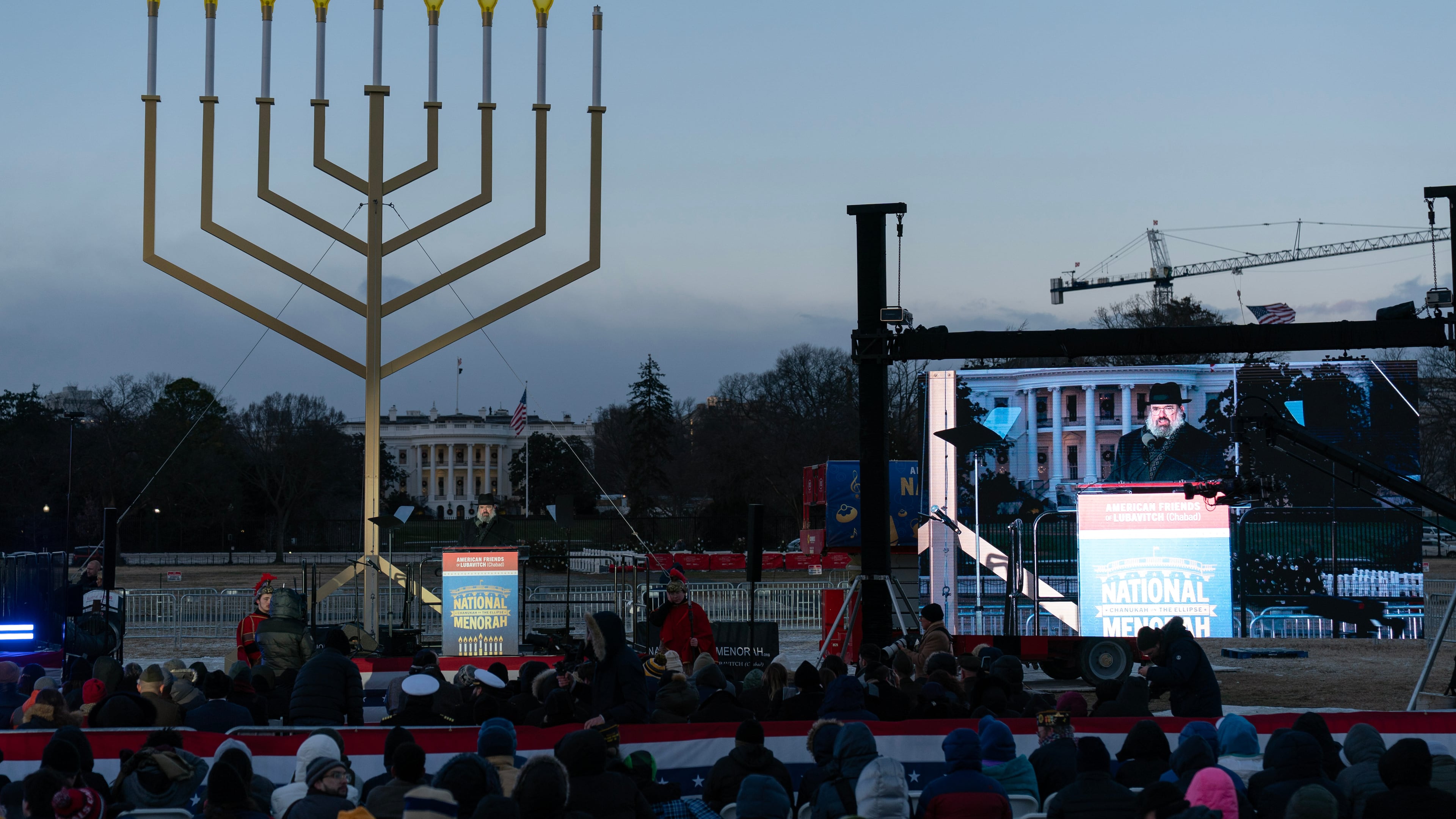 FILE - Rabbi Levi Shemtov speaks to the crowd before he lights the Menorah during the annual National Menorah Lighting in celebration of Hanukkah, on the Ellipse near the White House in Washington, Dec. 14, 2025. (AP Photo/Jose Luis Magana, File)