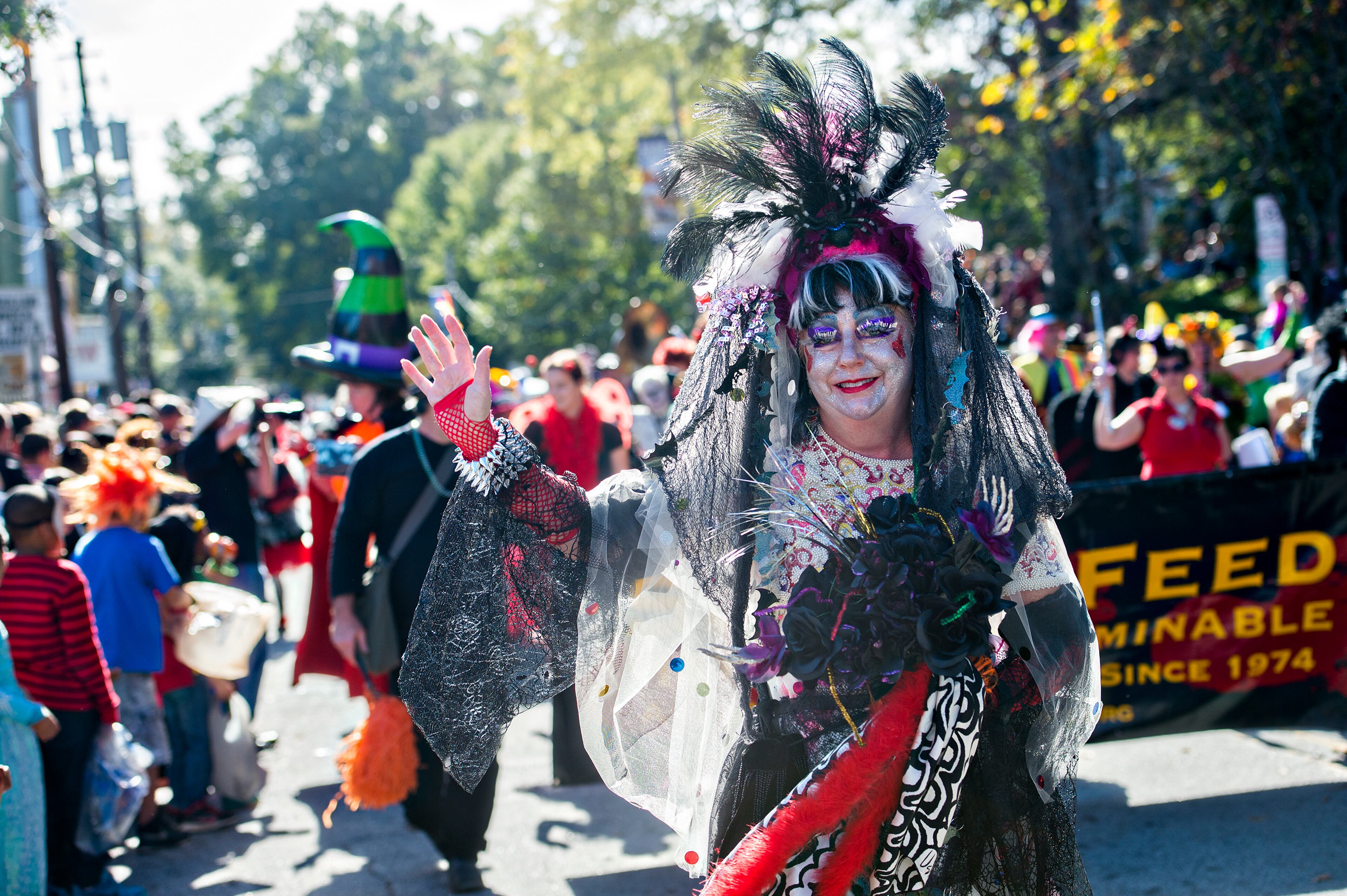 October 17, 2015 Atlanta - Cheryl Stauss waves to the crowd during the Little Five Points Halloween Parade in Atlanta on Saturday, October 17, 2015. The annual parade brought out tens of thousands of people to watch the antics. JONATHAN PHILLIPS / SPECIAL