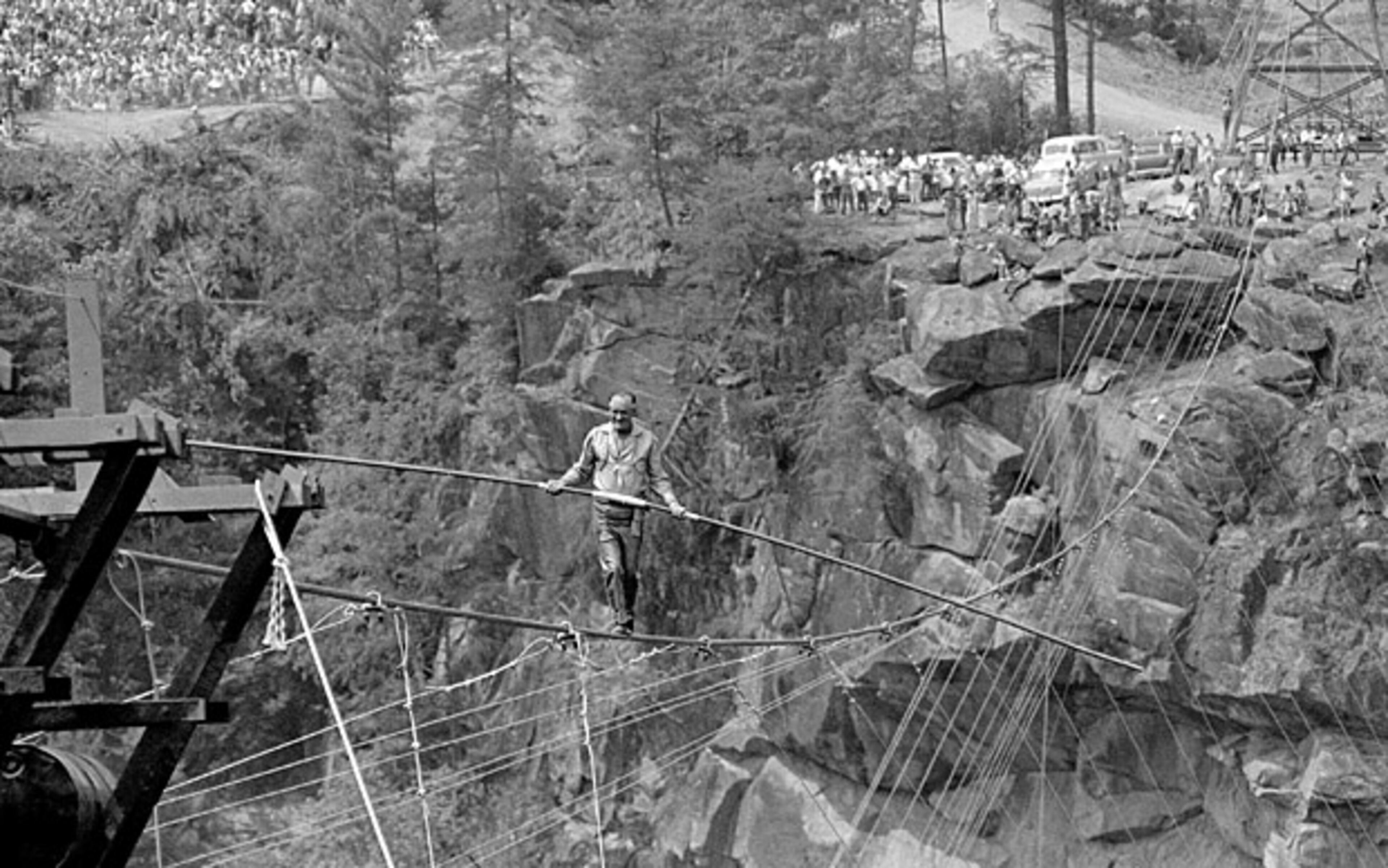 In this July 18, 1970 file photo, high wire artist Karl Wallenda nears the end of his walk on a high wire across the gorge, 750-feet high, at Tallulah Falls, Ga. (AP Photo/Charles Kelly, File)