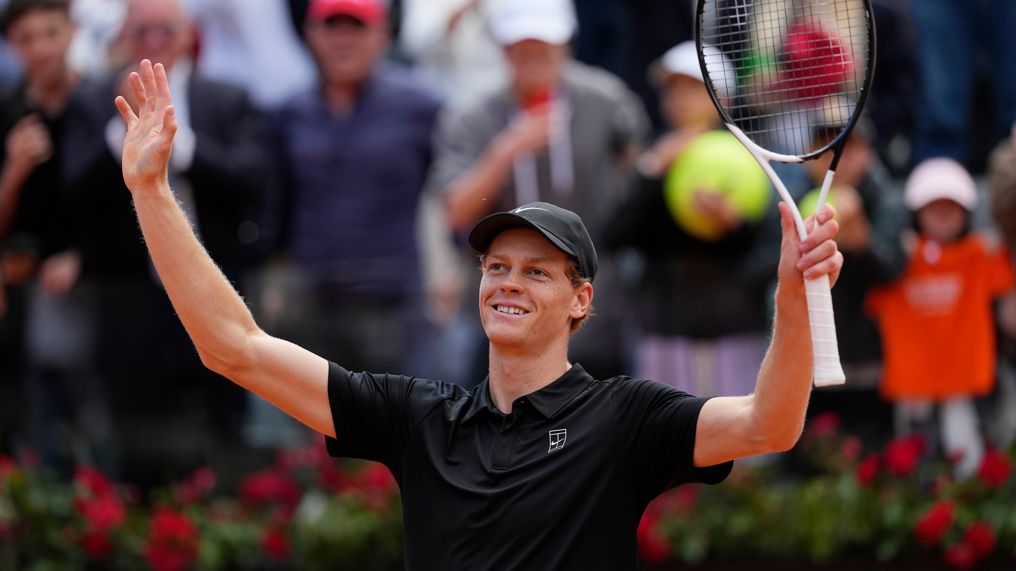 Italy's Jannik Sinner celebrates after winning against Daniil Medvedev of Russia during their semifinal match at the Italian Open tennis tournament in Rome, Saturday, May 16, 2026. (AP Photo/Alessandra Tarantino)