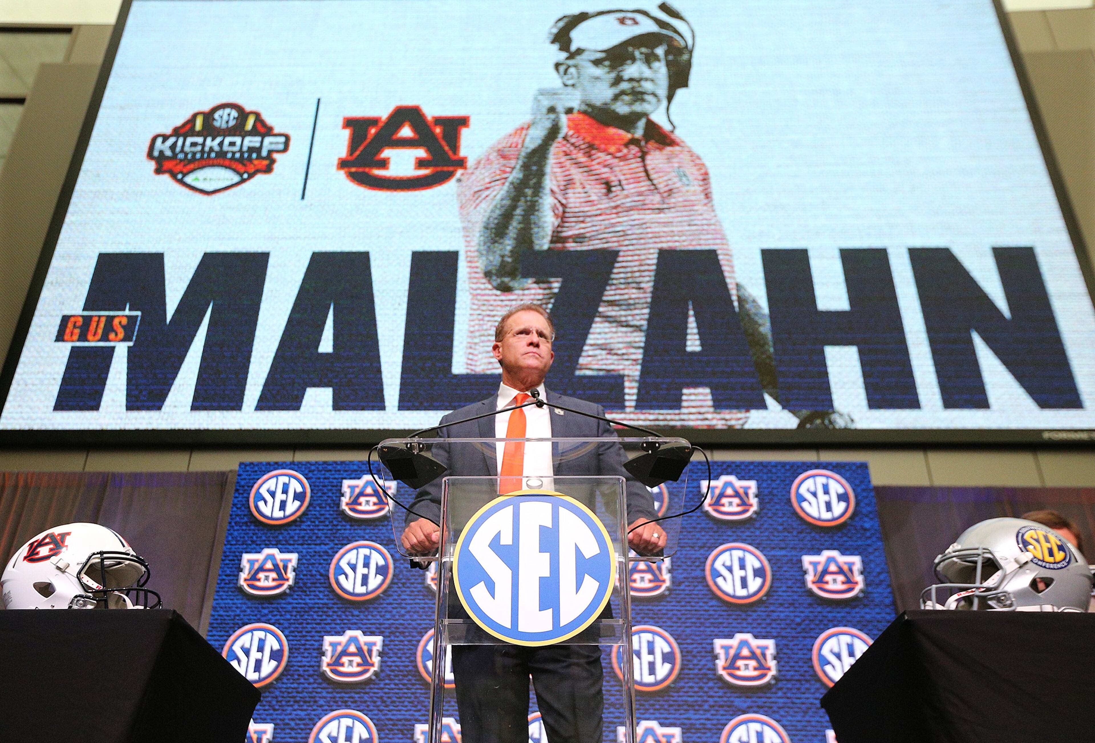 July 19, 2018 Atlanta: Auburn head coach Gus Malzahn holds his SEC Media Days press conference at the College Football Hall of Fame on Thursday, July 19, 2018, in Atlanta. Curtis Compton/ccompton@ajc.com