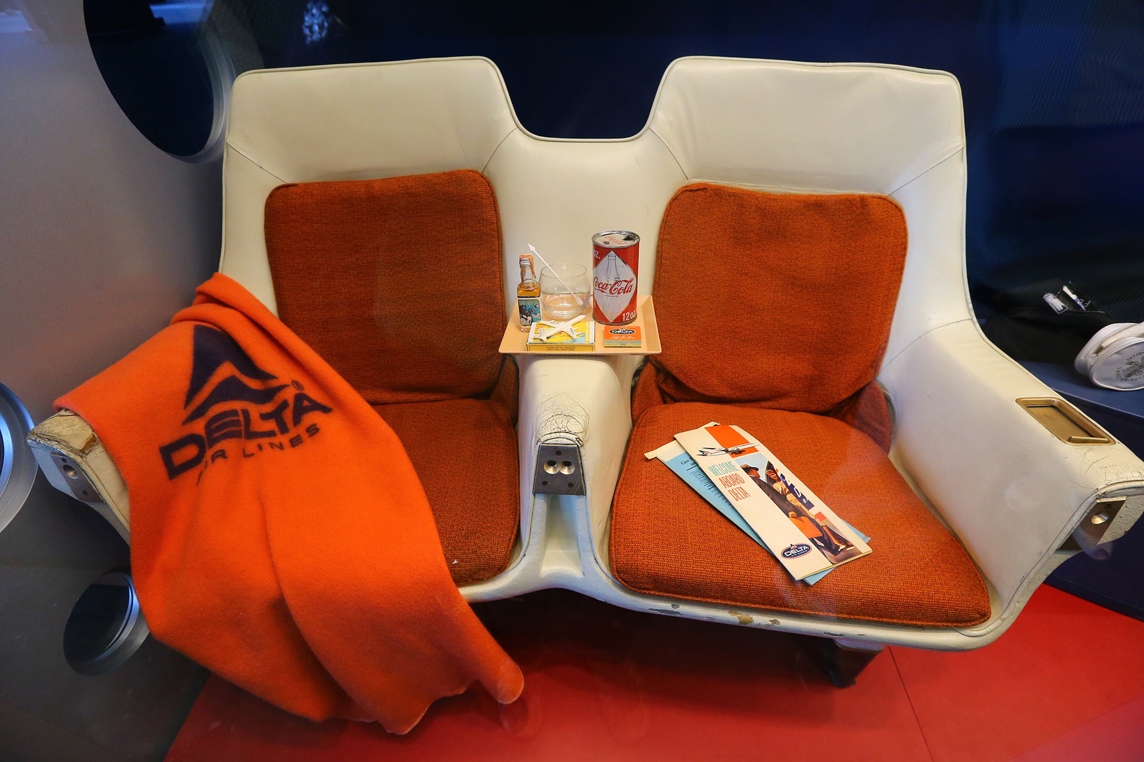 061214 ATLANTA: First class seats from a 1960 Convair 880, a medium-range jet, featured lounge seats and blankets on display at the Delta Flight Museum on Thursday, June 12, 2014, in Atlanta. CURTIS COMPTON / CCOMPTON@AJC.COM