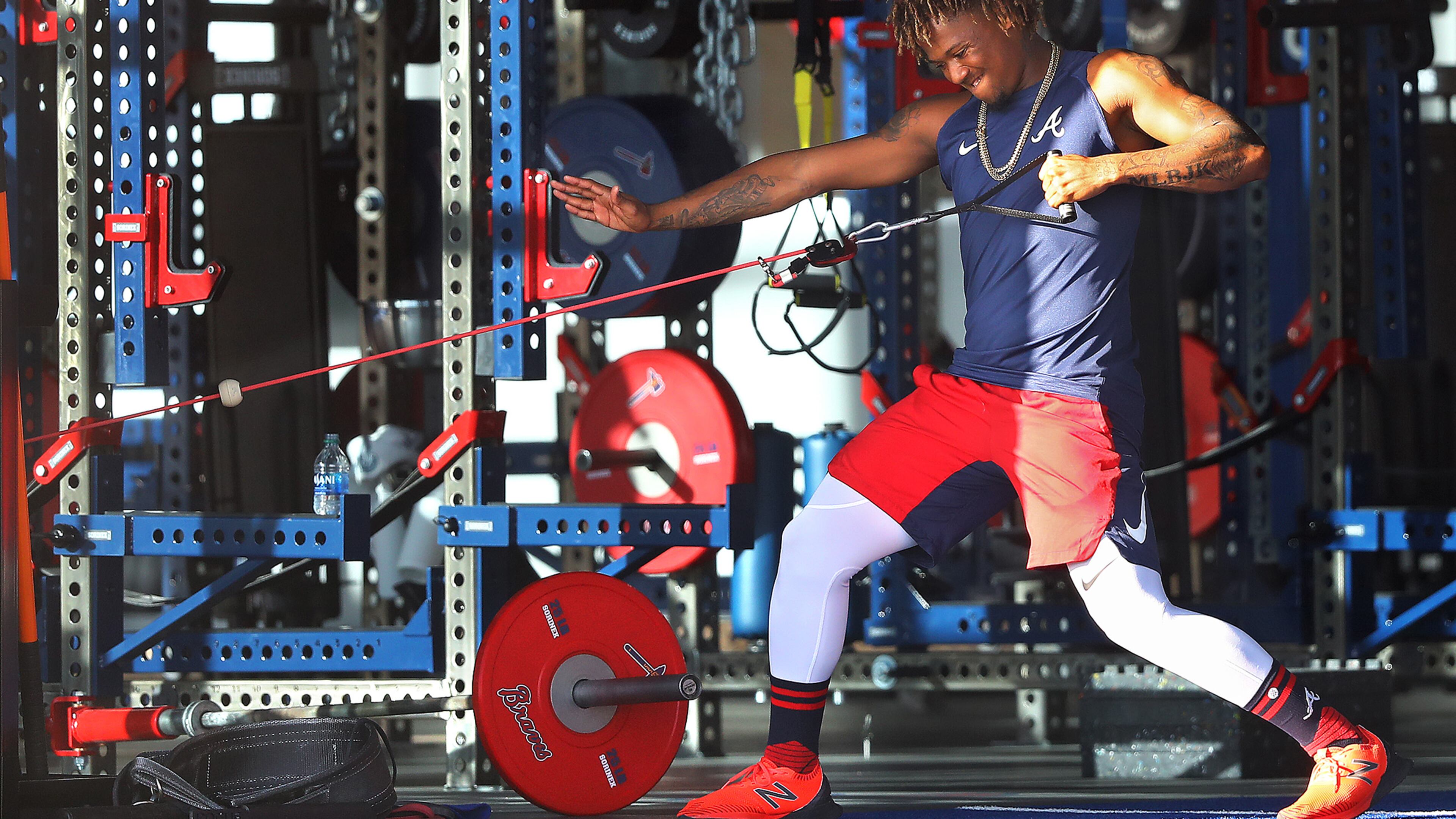 Braves outfielder Ronald Acuna works out in the weight room before hitting the field for the first full squad workout Tuesday, Feb. 18, 2020, at CoolToday Park in North Port, Fla.