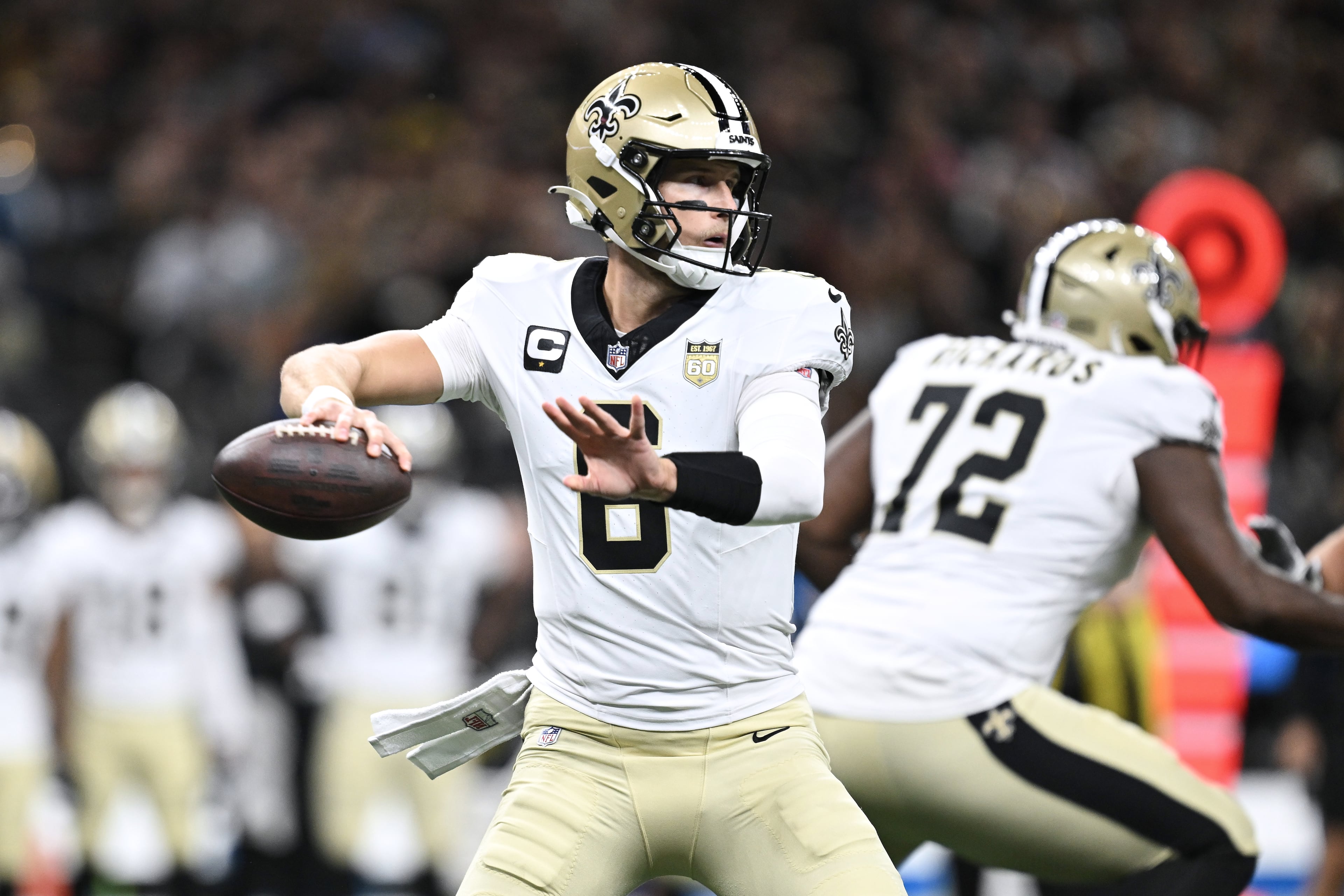 New Orleans Saints quarterback Tyler Shough passes against the Atlanta Falcons during the first half of an NFL football game in New Orleans, Monday, Oct. 5, 2026. (Ella Hall/AP)