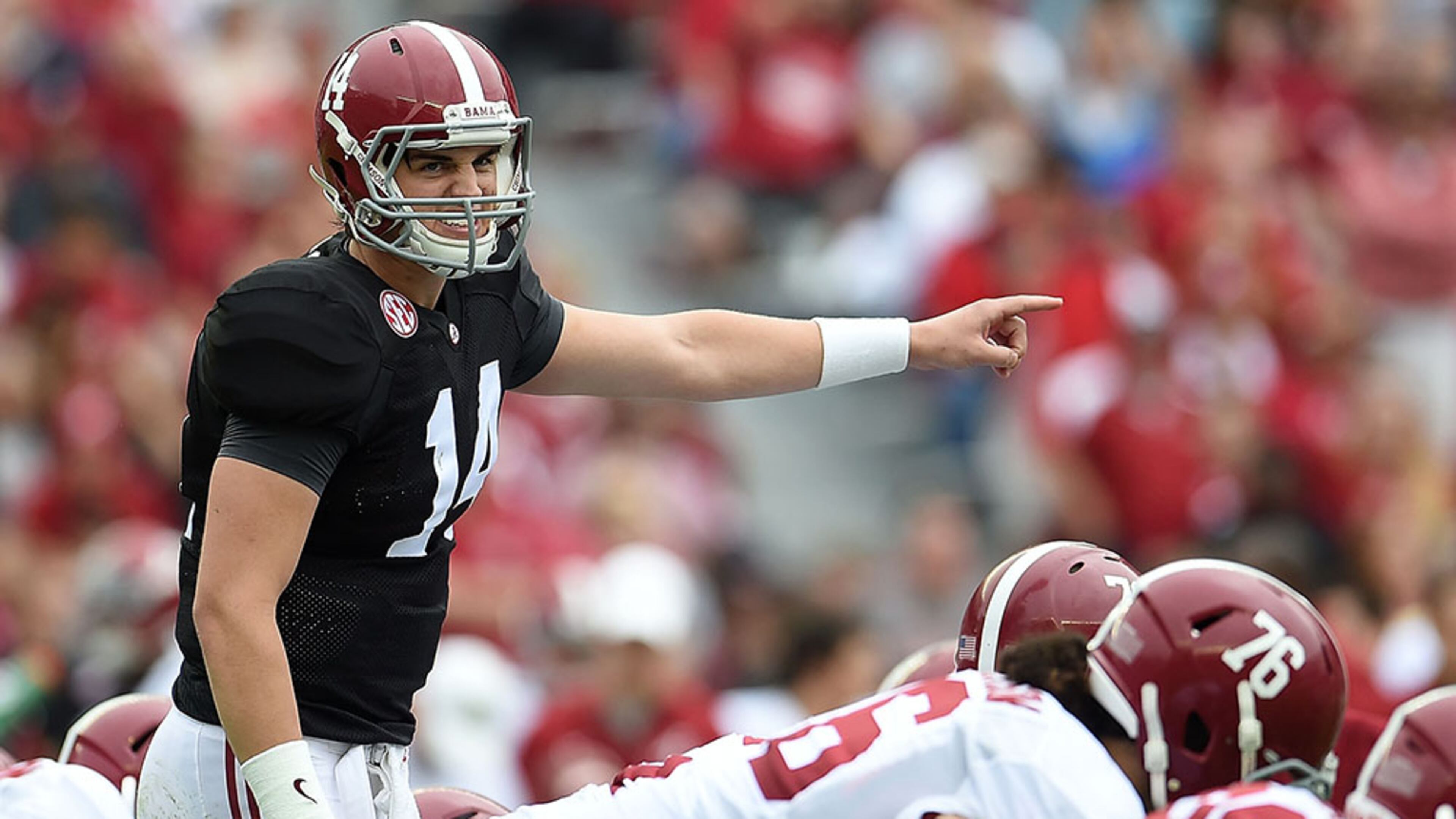 TUSCALOOSA, AL - APRIL 18: Jacob Coker #14 of the White team calls a play against the Crimson team during the University of Alabama A Day spring game at Bryant-Denny Stadium on April 18, 2015 in Tuscaloosa, Alabama. (Photo by Stacy Revere/Getty Images)
