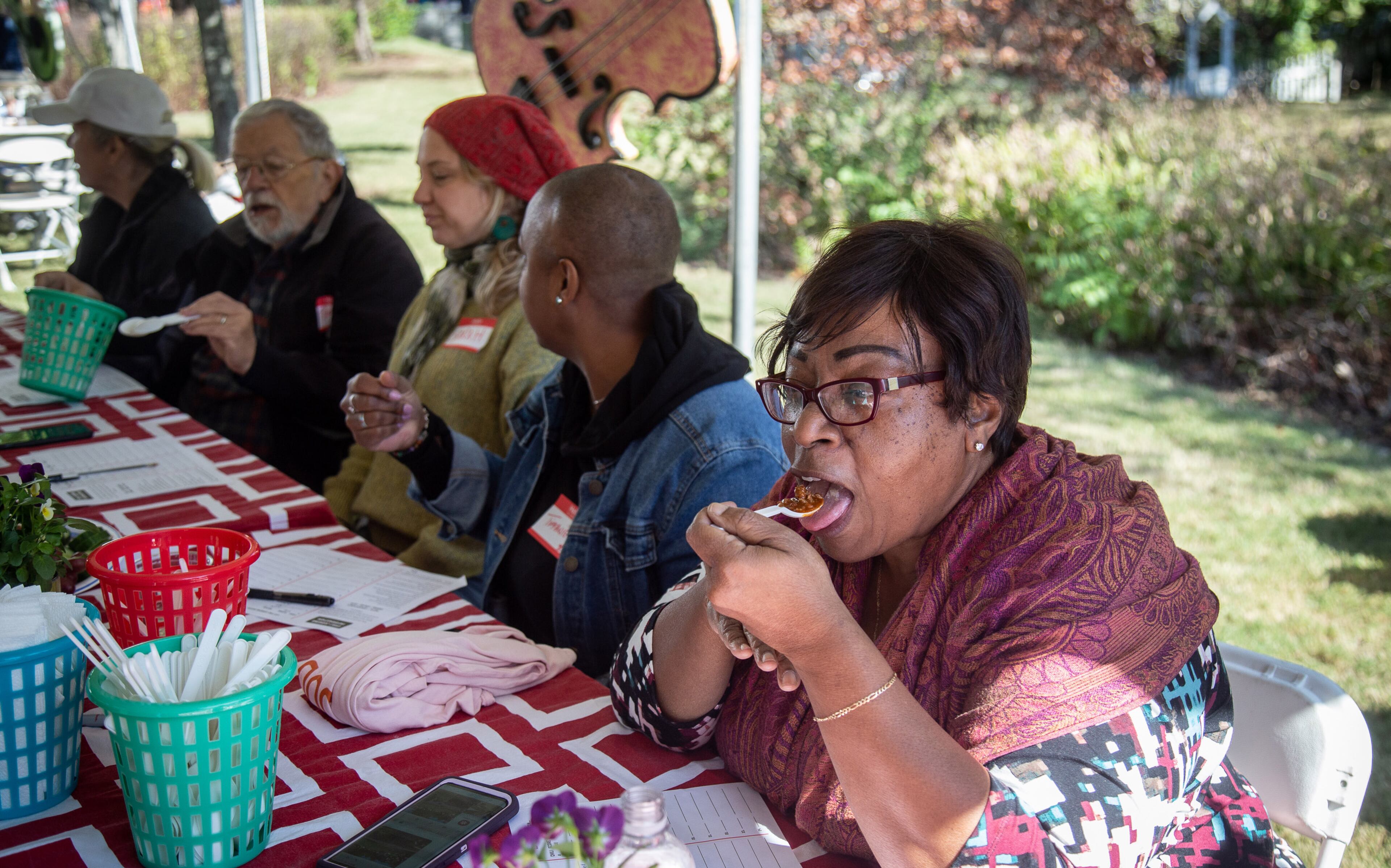 Chili judge and Atlanta Councilmember Natalyn Archibong, taste some of the chili during the Chomp & Stomp Chili Cook-off and Bluegrass Festival in Cabbagetown on Saturday, November 2, 2019. STEVE SCHAEFER / SPECIAL TO THE AJC