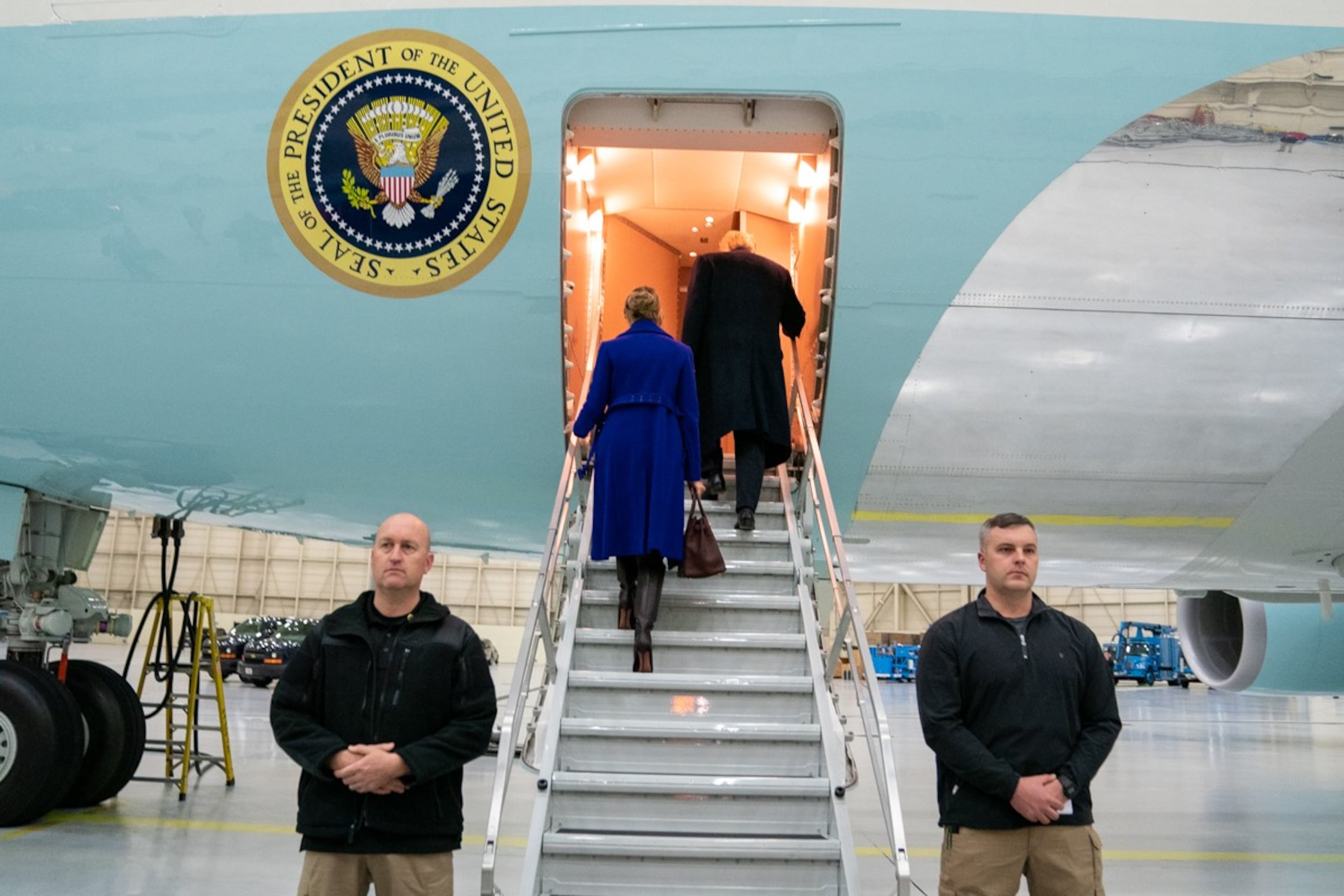 President Donald J. Trump and First Lady Melania Trump board Air Force One Tuesday evening, December 25, 2018, to begin their unannounced flight from Joint Base Andrews, Maryland, to visit U.S. troops at the Al-Asad Airbase in Iraq.