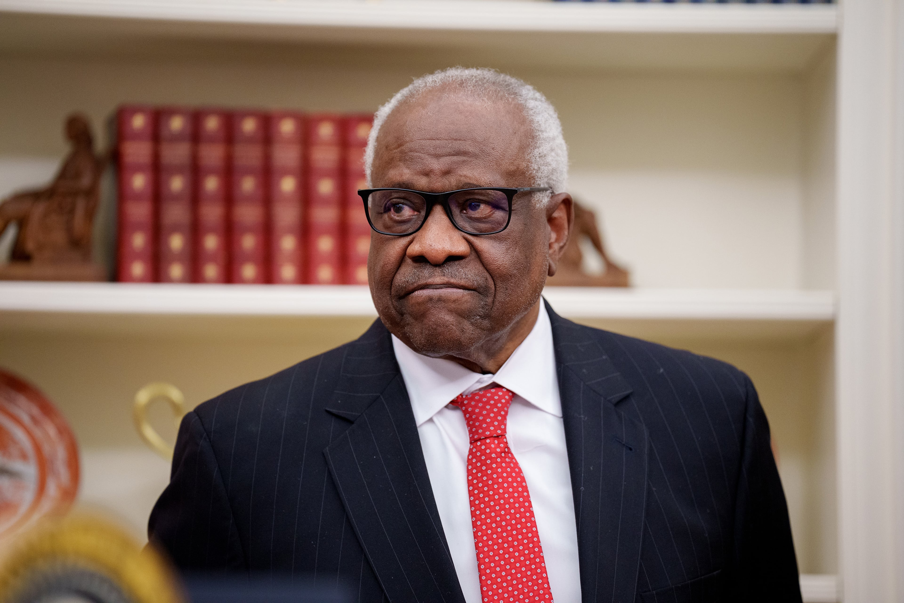 U.S. Supreme Court Associate Justice Clarence Thomas appears before swearing in Pam Bondi as U.S. Attorney General in the Oval Office at the White House on Feb. 5, 2025, in Washington, D.C. (Andrew Harnik/Getty Images/TNS)