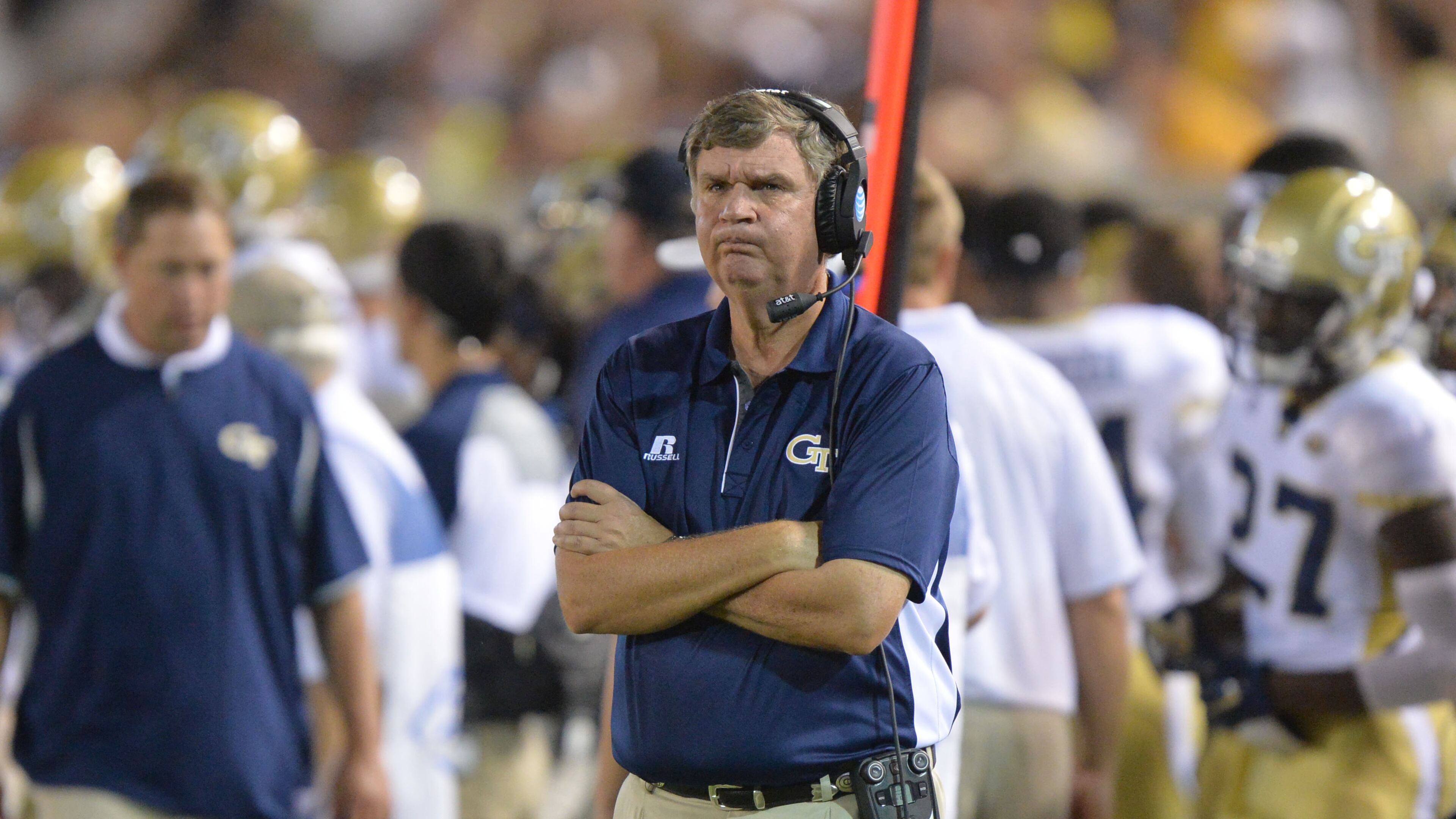 September 3, 2015 Atlanta - Georgia Tech Yellow Jackets head coach Paul Johnson reacts in the first half of the Georgia Tech season opener in Bobby Dodd Stadium on Thursday, September 3, 2015. HYOSUB SHIN / HSHIN@AJC.COM