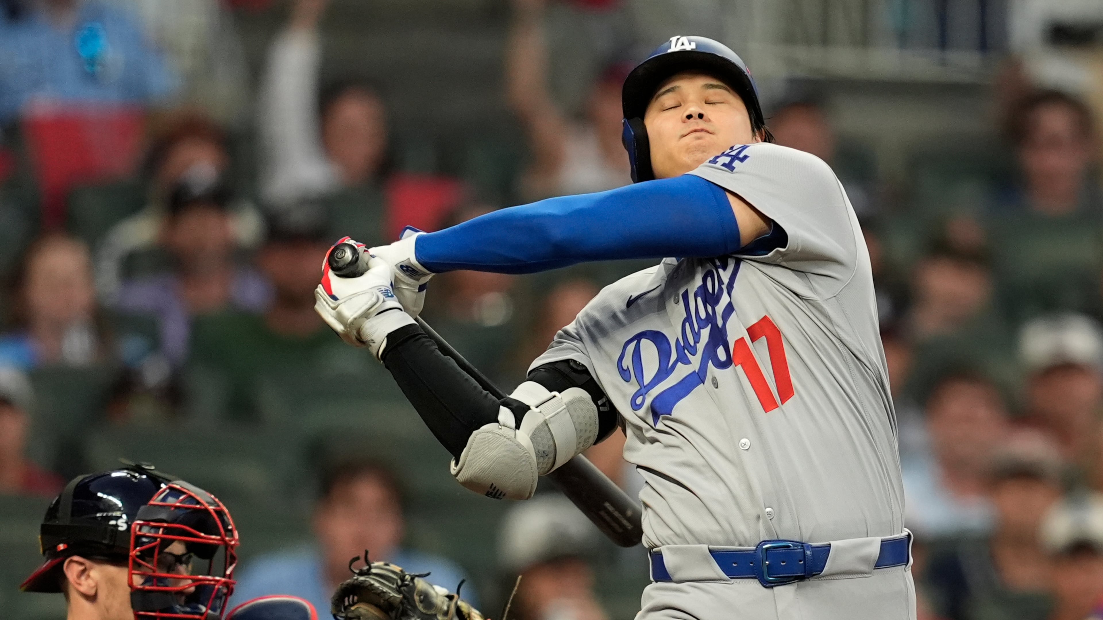 Los Angeles Dodgers two-way player Shohei Ohtani (17) strikes out during the fourth inning in Game 4 of baseball's National League Division Series against the Atlanta Braves, Wednesday, Oct. 7, 2026, in Atlanta. (AP Photo/Mike Stewart)