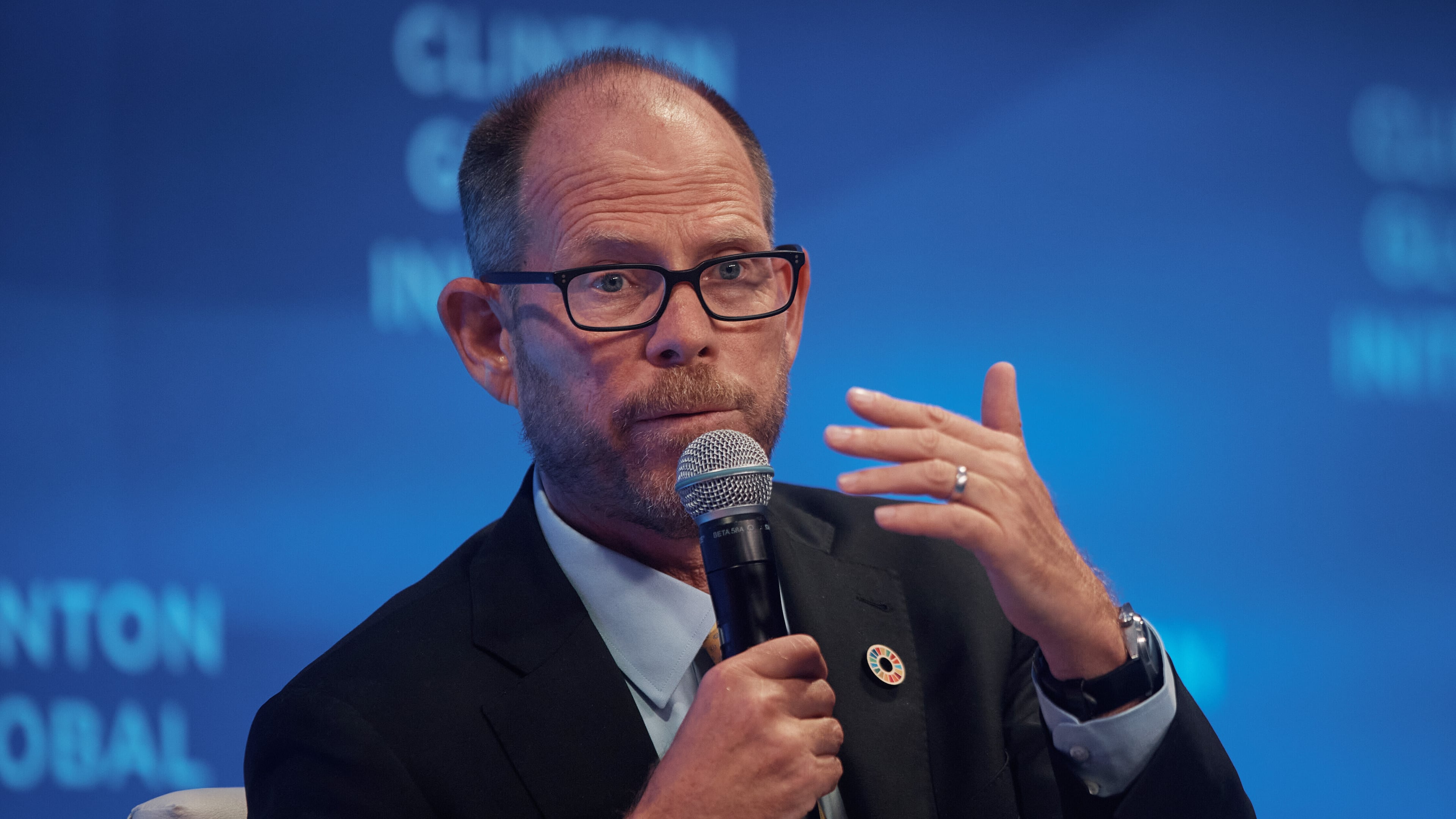 FILE - Mark Suzman, CEO and Board Member of the Gates Foundation speaks during the Clinton Global Initiative, on Sept. 24, 2025, in New York. (AP Photo/Andres Kudacki, File)