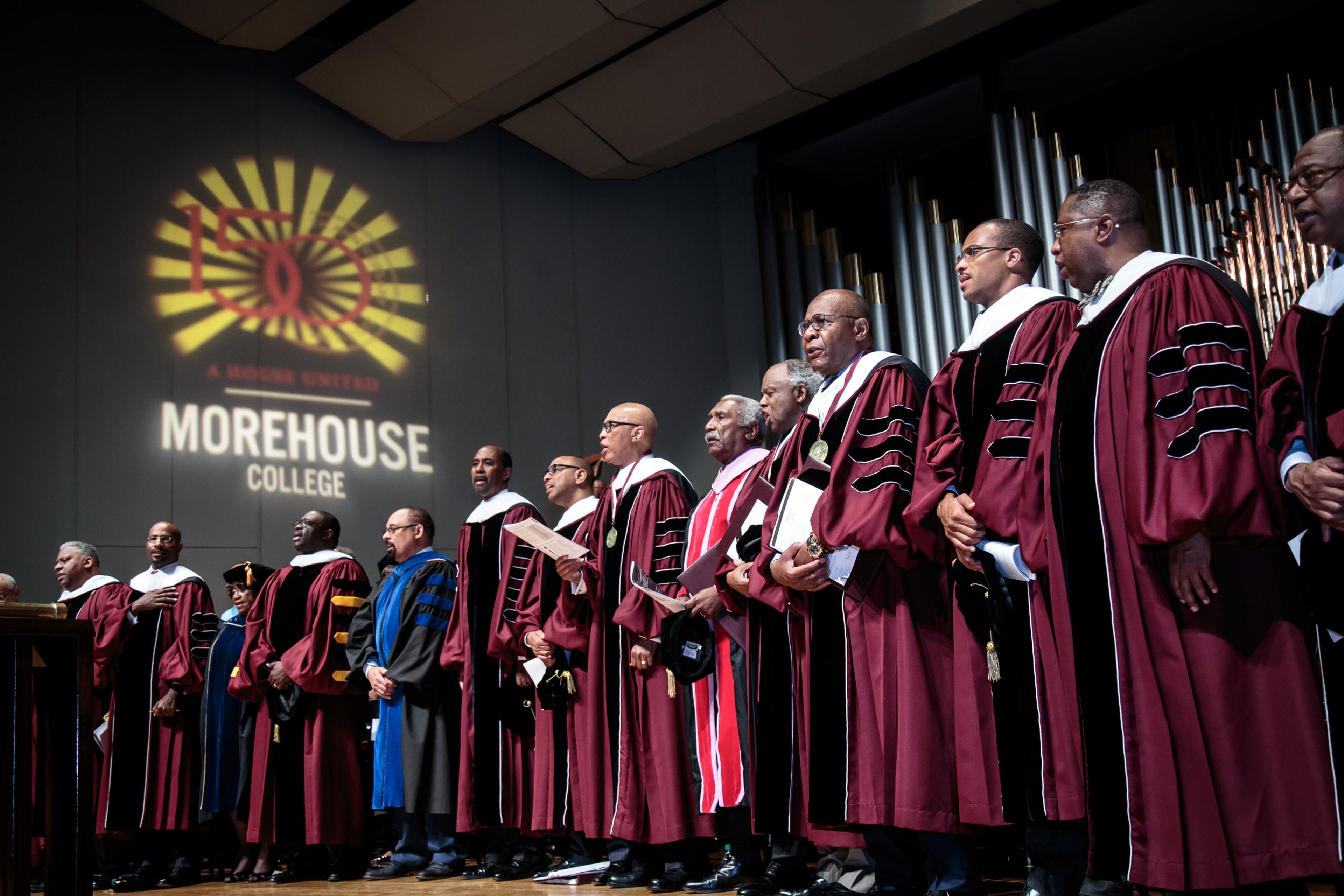 Morehouse College dignitaries and professors line the stage of the Martin Luther King JR. International Chapel during the graduation ceremony on The Morehouse Campus Sunday, May 21, 2017. The ceremony was moved inside this year because of inclement weather. STEVE SCHAEFER / SPECIAL TO THE AJC