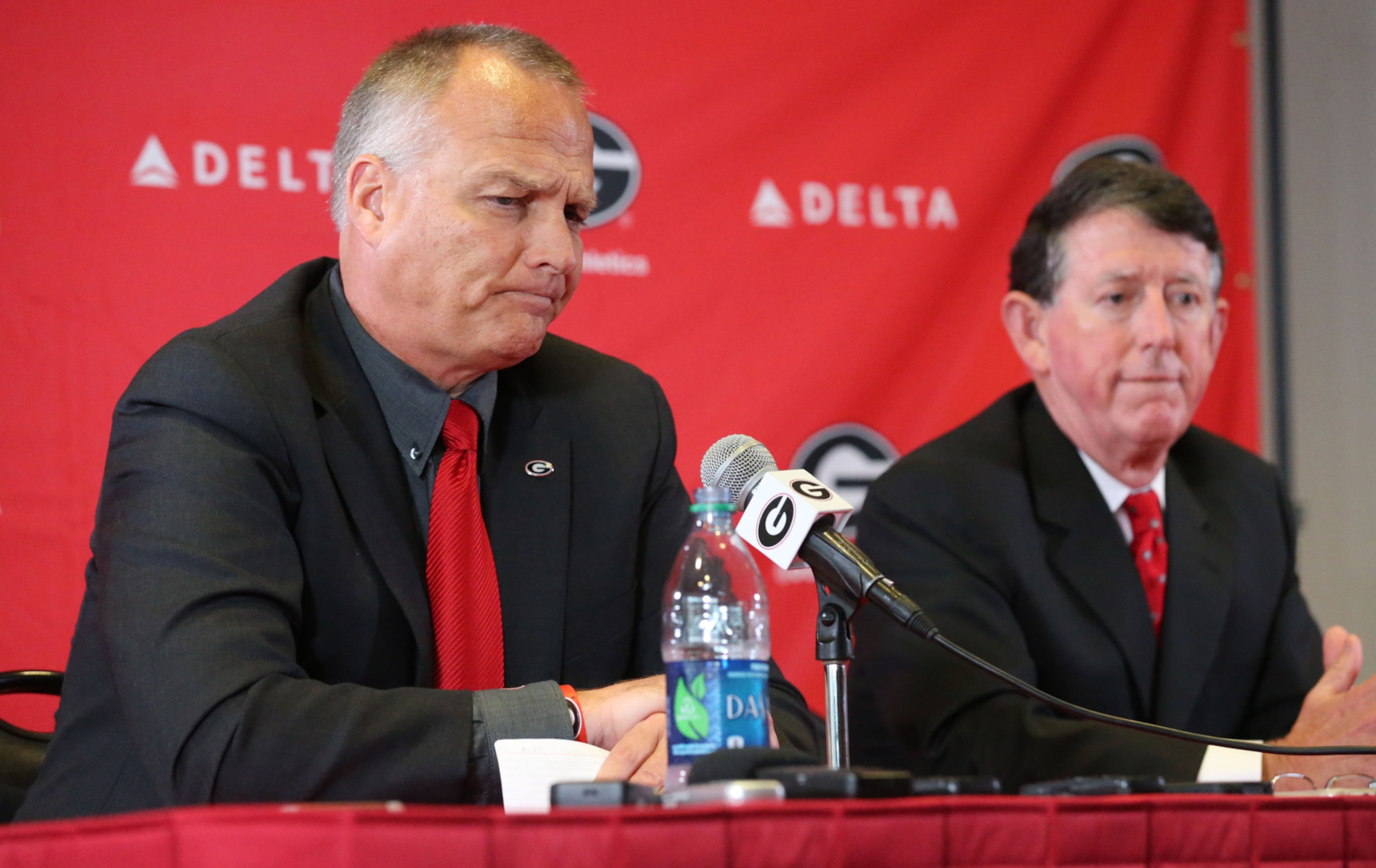 The last press conference with Georgia's Mark Richt and Athletic Director Greg McGarity was not a comfortable one. (Bob Andres/bandres@ajc.com)