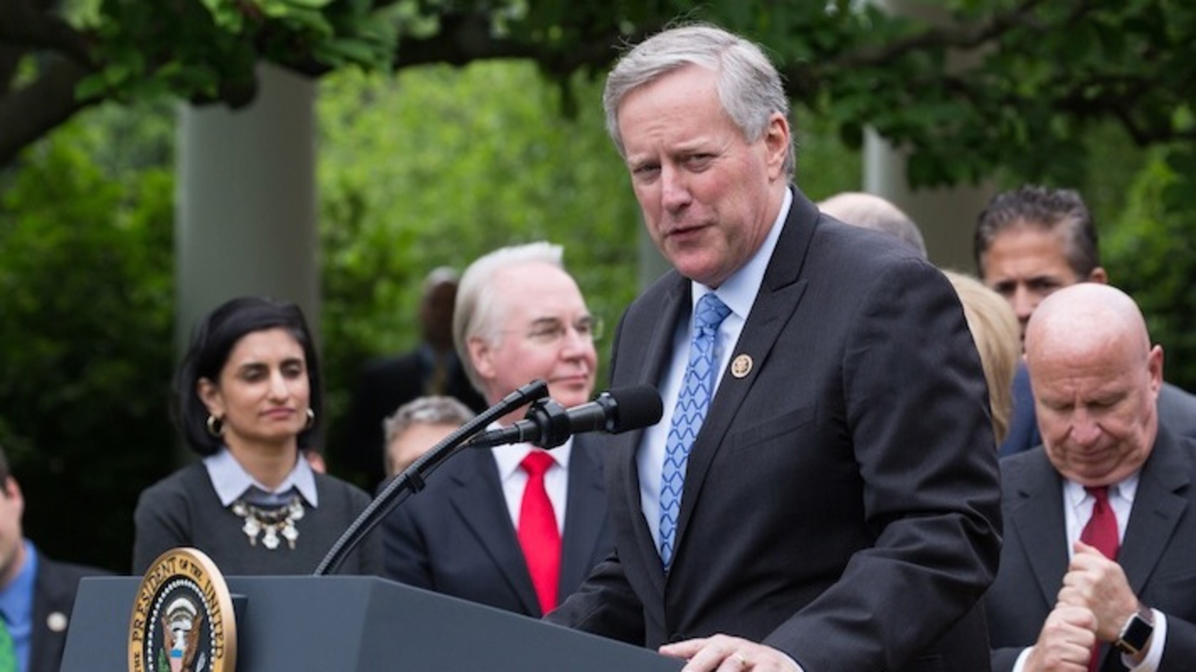 Rep. Mark Meadows, (R-NC 11th District) and chair of the Freedom Caucus, speaks at President Trump's press conference with members of the GOP on the passage of legislation to roll back the Affordable Care Act on May 4, 2017 in the Rose Garden of the White House in Washington, D.C. (Cheriss May/Sipa USA/TNS)