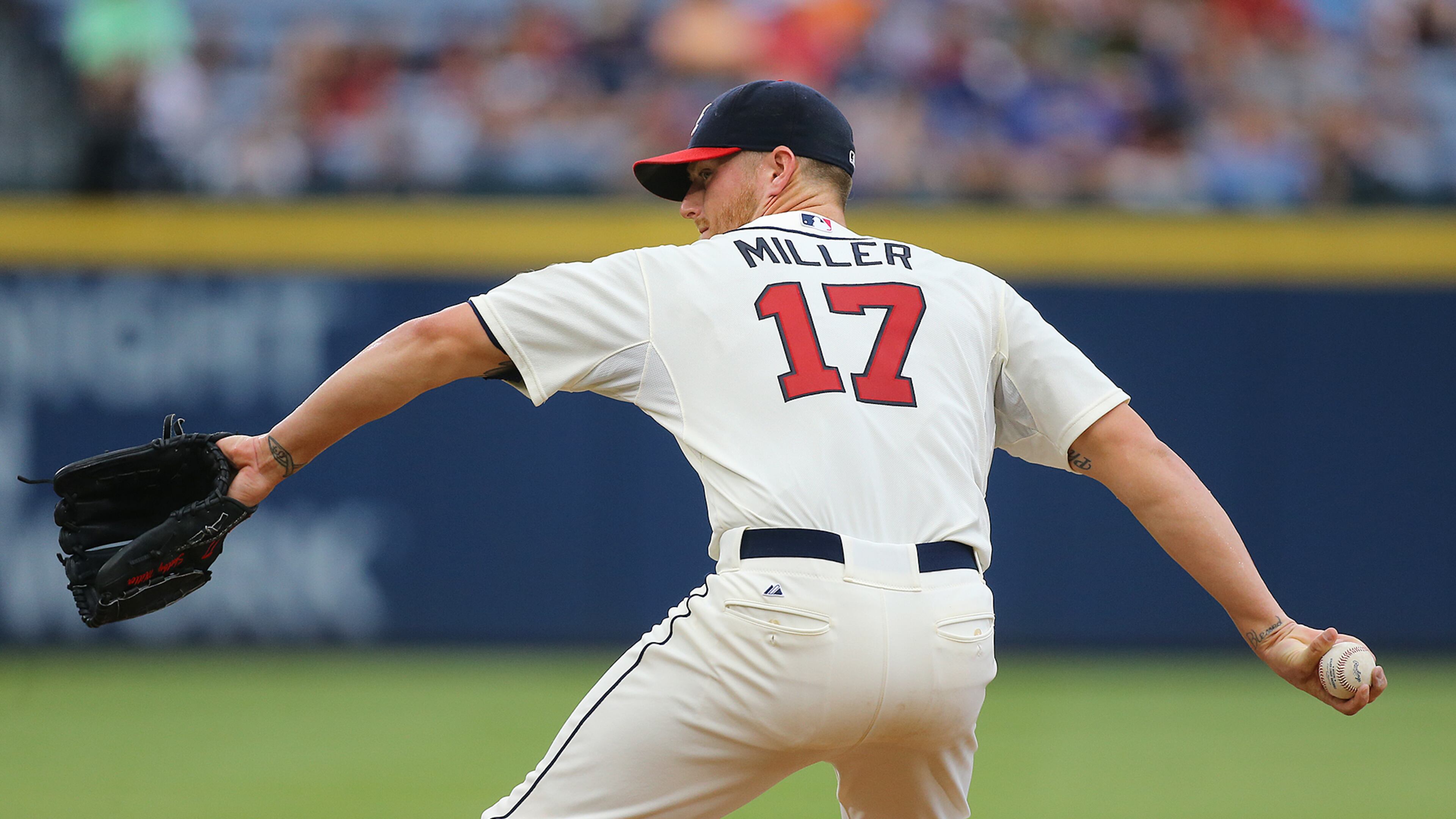 Braves Shelby Miller delivers a pitch against the Marlins during the first inning in a baseball game on Sunday, August 9, 2015, in Atlanta. Curtis Compton / ccompton@ajc.com