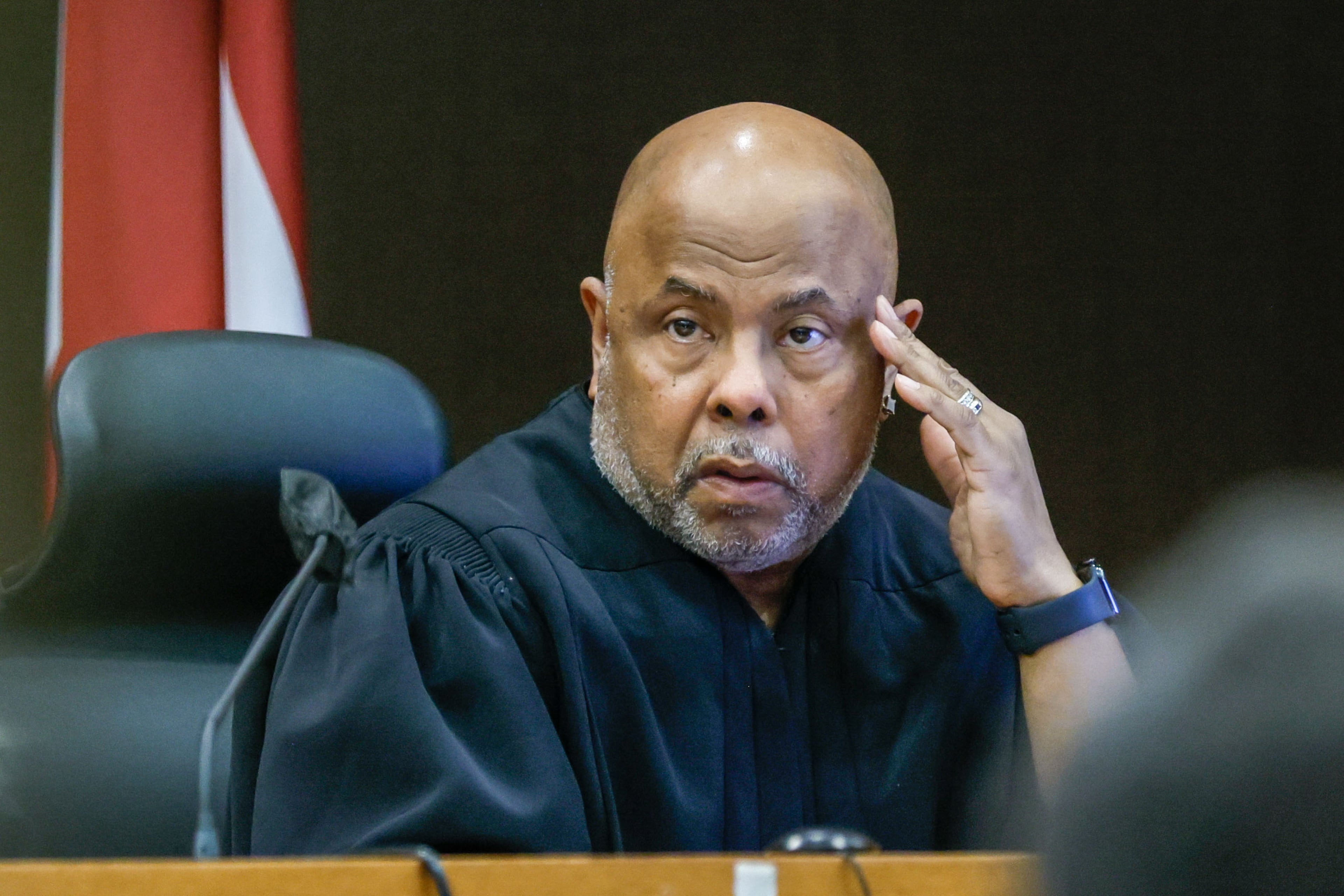 Judge Ural Glanville is shown in his courtroom during the hearing of the key witness Kenneth Copeland in the Atlanta rapper Young Thug trial at the Fulton County Courthouse on Monday, June 10, 2024, in Atlanta.
(Miguel Martinez / AJC)