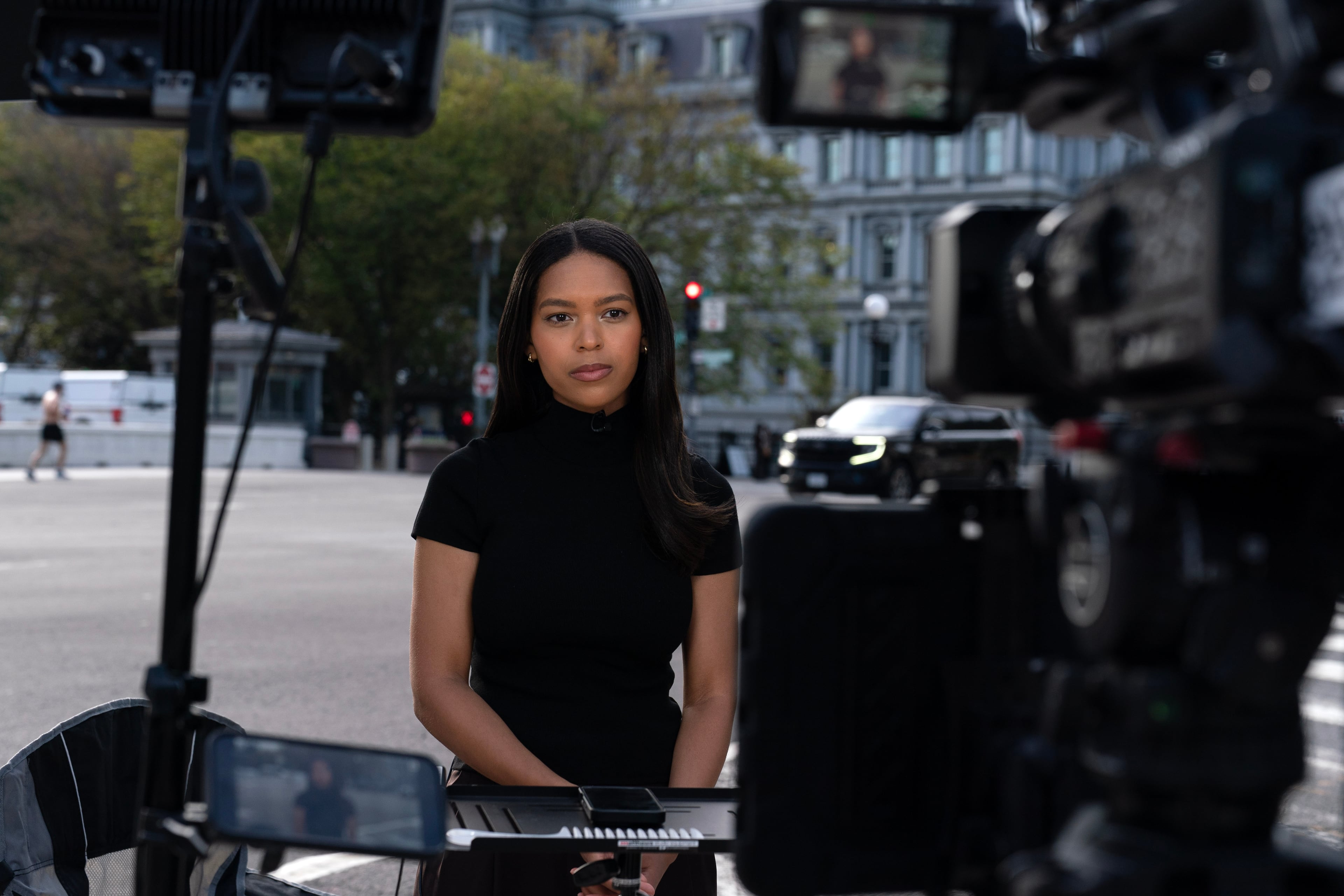 MS NOW White House reporter Akayla Gardner reports near the White House complex after being denied entry following President Donald Trump's ban on CNN, MS NOW and Politico, Saturday, Sept. 19, 2026, in Washington. (Jose Luis Magana/AP)