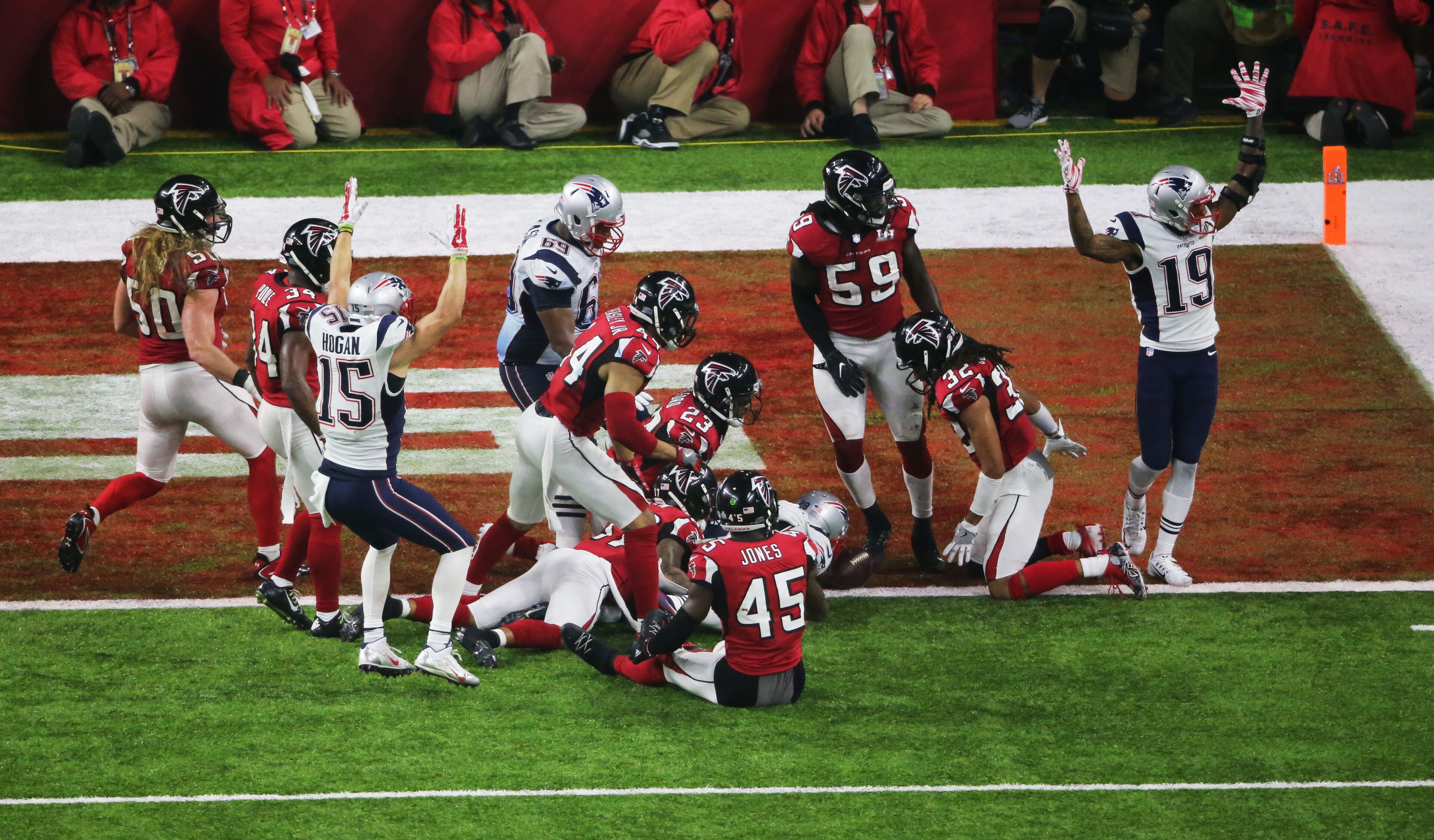 FEBRUARY 5, 2017 HOUSTON TX New England Patriots players celebrate at the end of the game as the Atlanta Falcons meet the New England Patriots in Super Bowl LI at NRG Stadium in Houston, TX, Sunday, February 5, 2017. The Patriots beat the Falcons in OT 34-28. John Spink/AJC