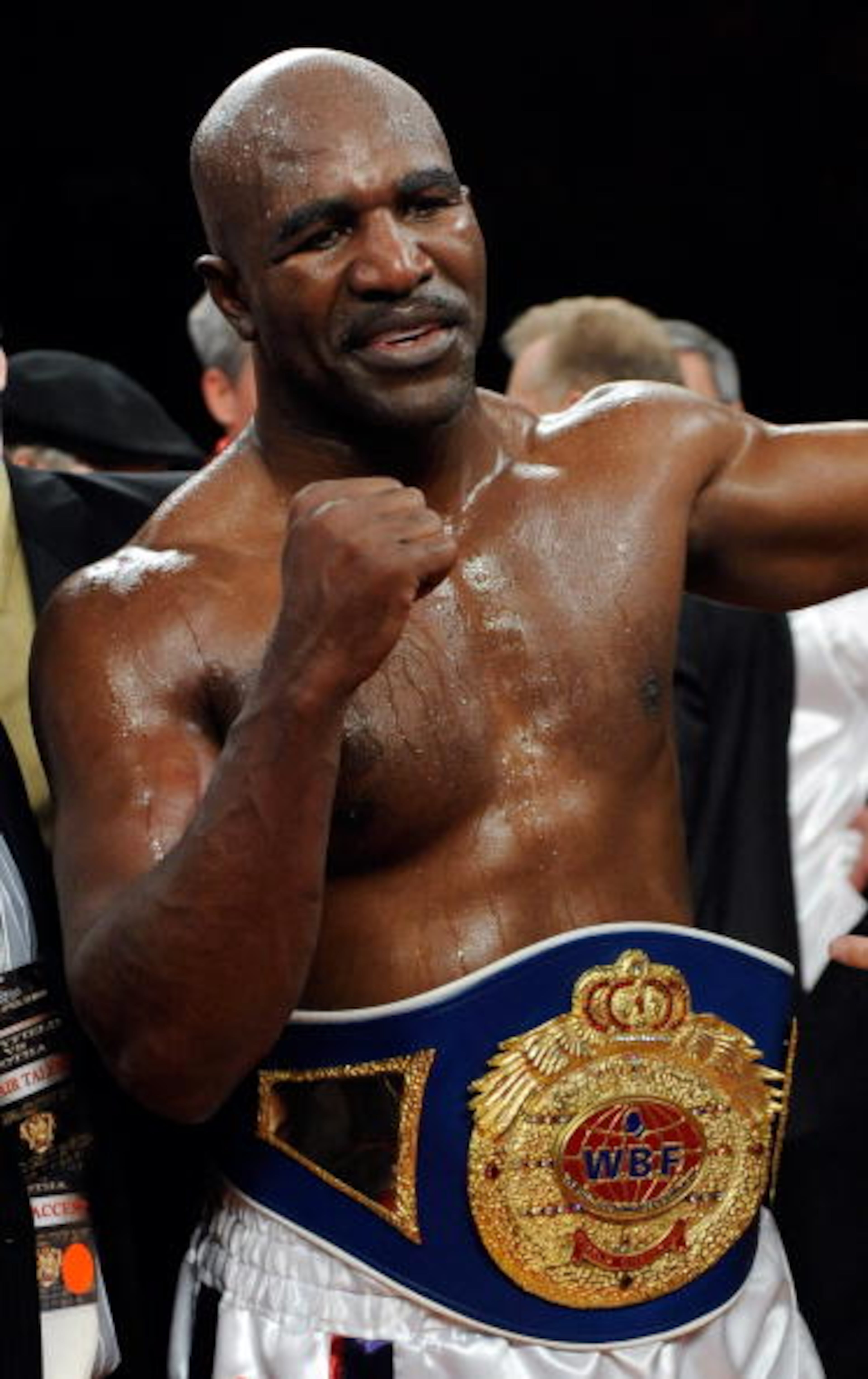 LAS VEGAS - APRIL 10: Evander Holyfield celebrates his eighth-round TKO victory over Francois Botha in their heavyweight bout at the Thomas & Mack Center April 10, 2010 in Las Vegas, Nevada. (Photo by Ethan Miller/Getty Images)