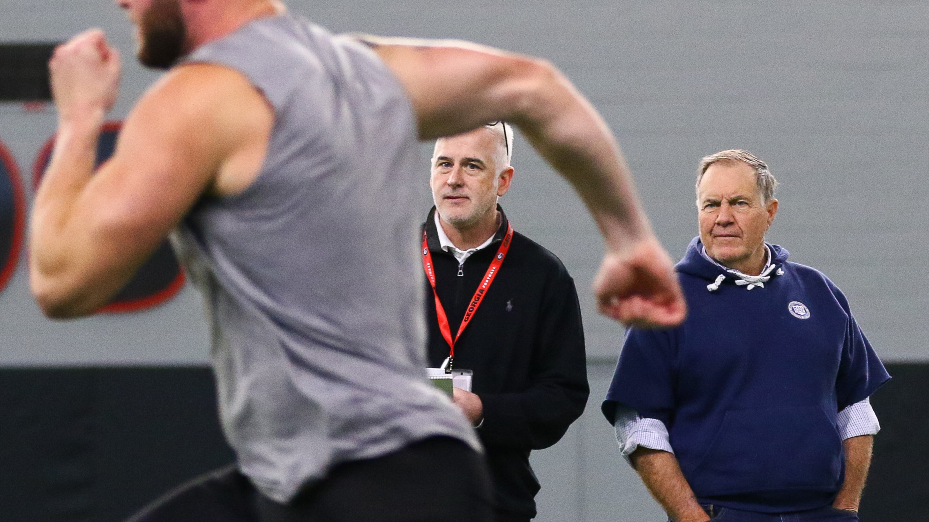Patriots head coach Bill Belichick watches as Georgia tight end Isaac Nauta runs during Georgia's Pro Day Wednesday, March 20, 2019, in Athens.