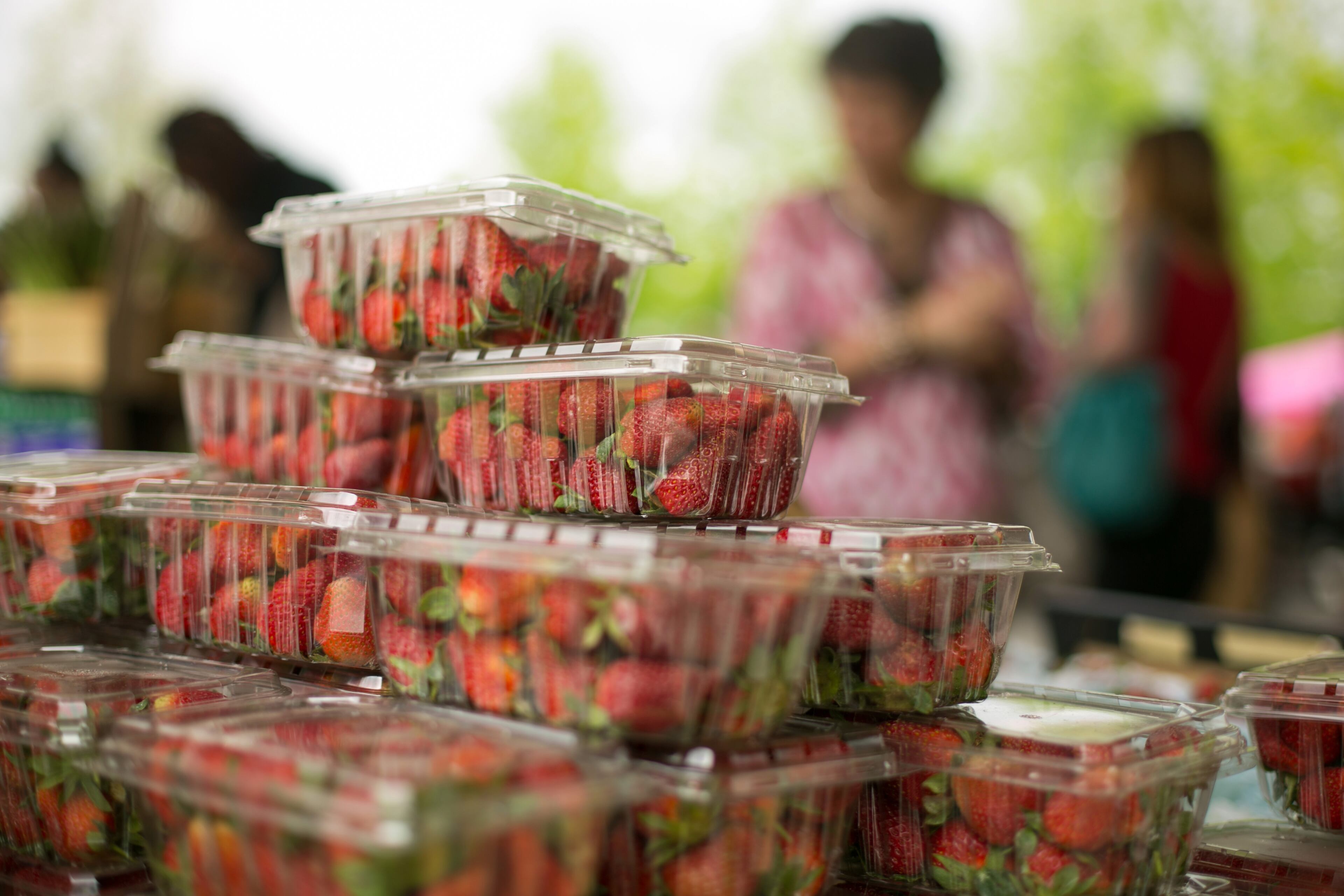 April 18, 2015 - Johns Creek, Ga: Organic strawberries from Watsonia Farms, of Monetta, SC, are shown for purchase during the Johns Creek farmers market at the Newtown Park Amphitheater Saturday, April 18, 2015, in Johns Creek, Ga. The farmers market is open every Saturday 8:30am - 12:30pm. This is for a story on the Newtown community. PHOTO / JASON GETZ
