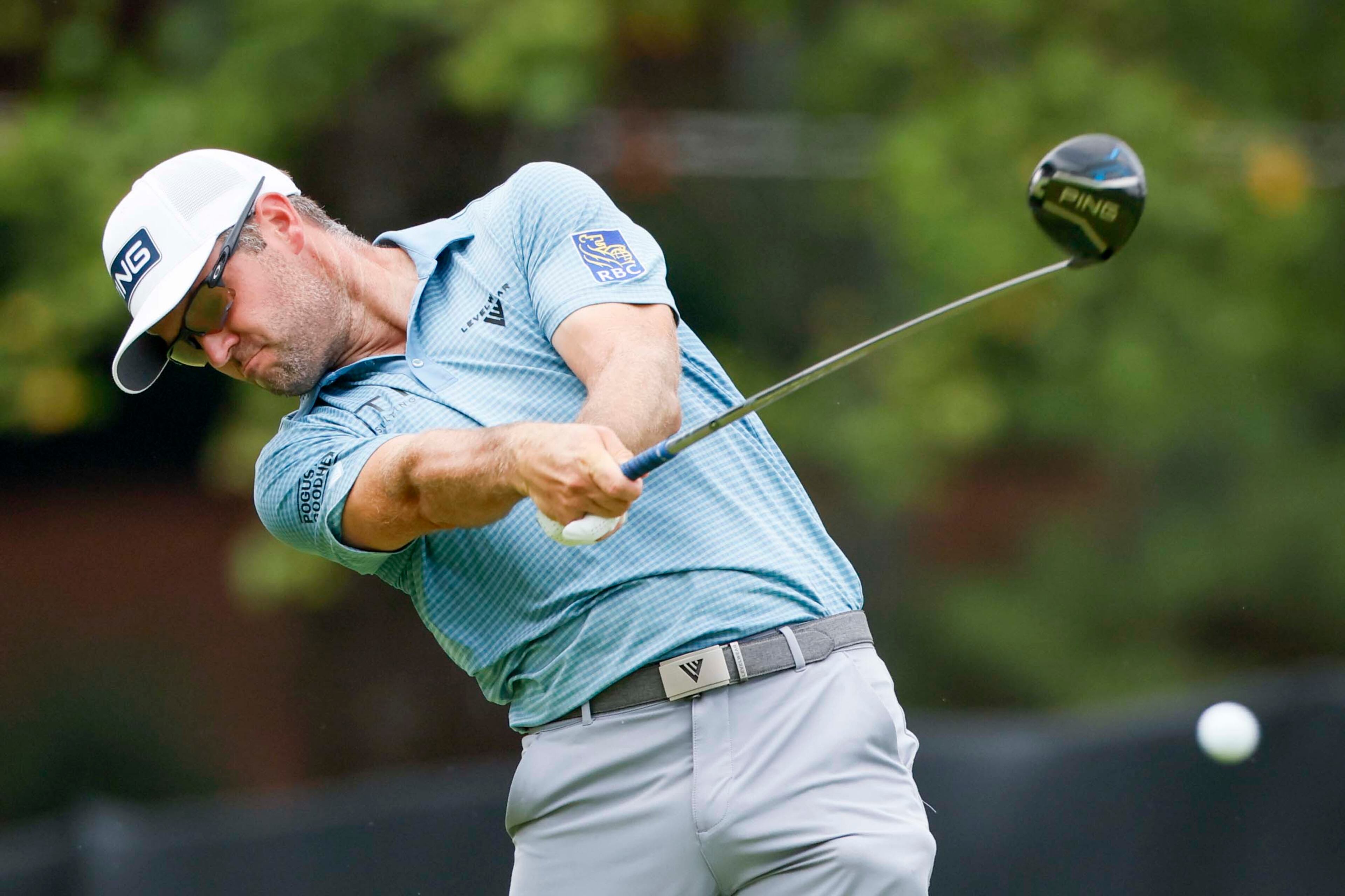 Corey Conners, of Canada, tees off the 14th during the practice round of the Tour Championship on Wednesday, Aug. 20, 2025, at East Lake Golf Club in Atlanta. (Miguel Martinez/ AJC)