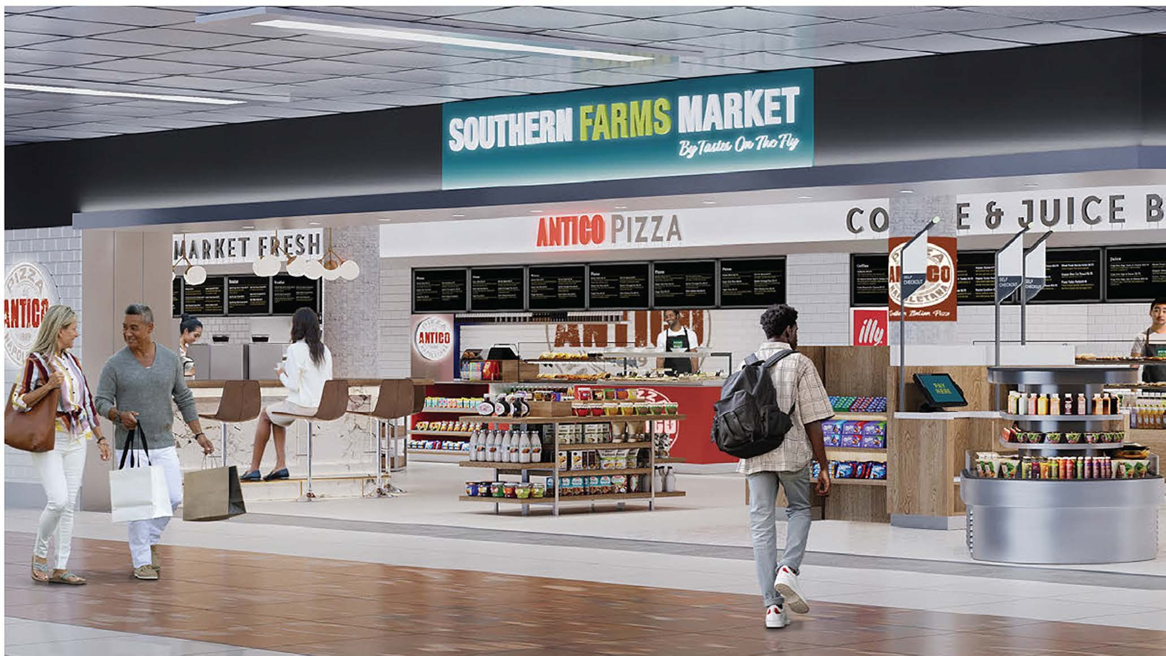 One of the concepts to be built by Paradies Lagardere is a "Southern Farms Market" that features a 24-hour Antico Pizza outpost. (Courtesy of Paradies Lagardère)