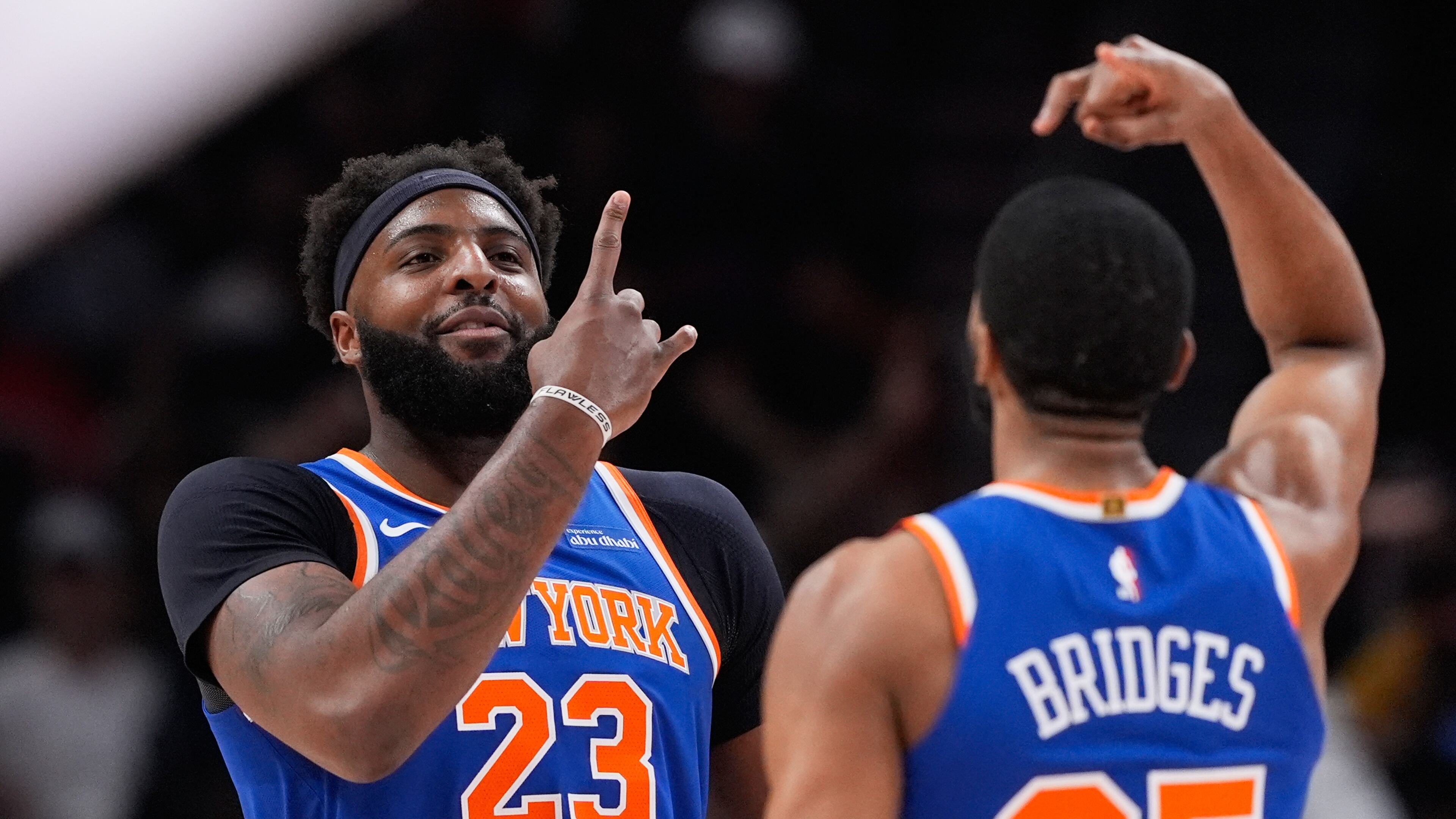 New York Knicks center Mitchell Robinson (23) celebrates after scoring in the first half during Game 6 in a first-round NBA basketball playoffs series against the Atlanta Hawks Thursday, April 30, 2026, in Atlanta. (AP Photo/Brynn Anderson)