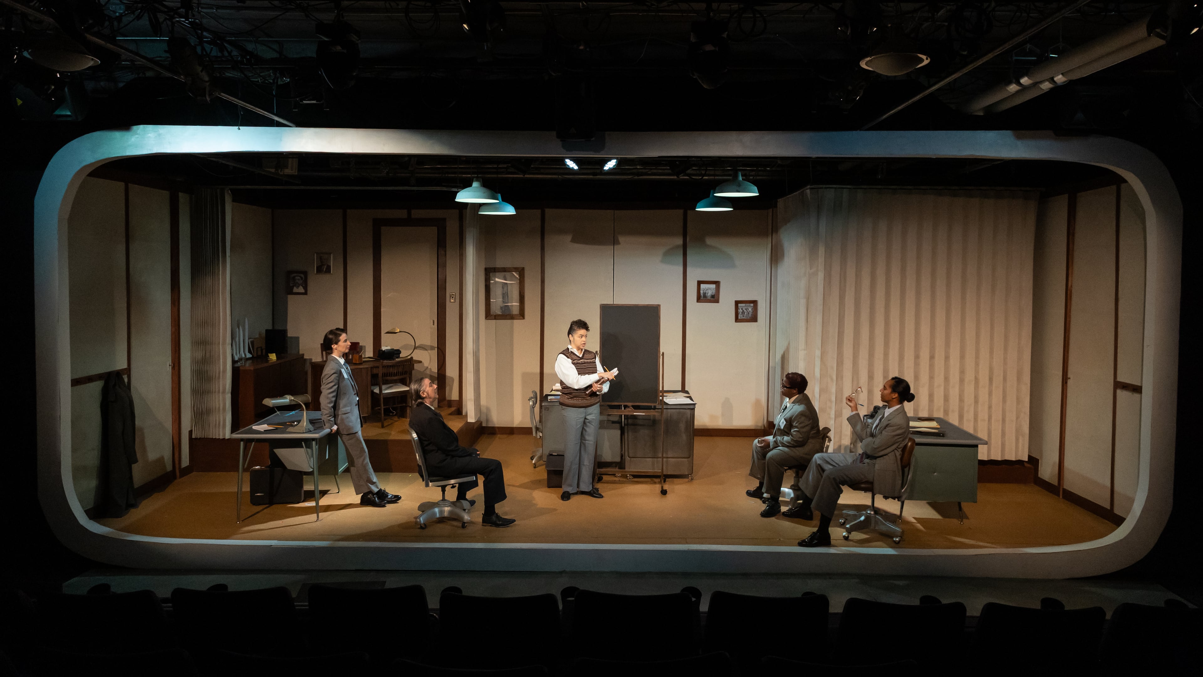The stage at Atlanta's Synchronicity Theatre is set as an office at Redstone Arsenal, part of the Army Ballistic Missile Agency where former Nazi scientist Wernher von Braun worked to help the U.S. launch rockets and satellites in the 1950s and 60s. (Courtesy of Casey Gardner Ford)