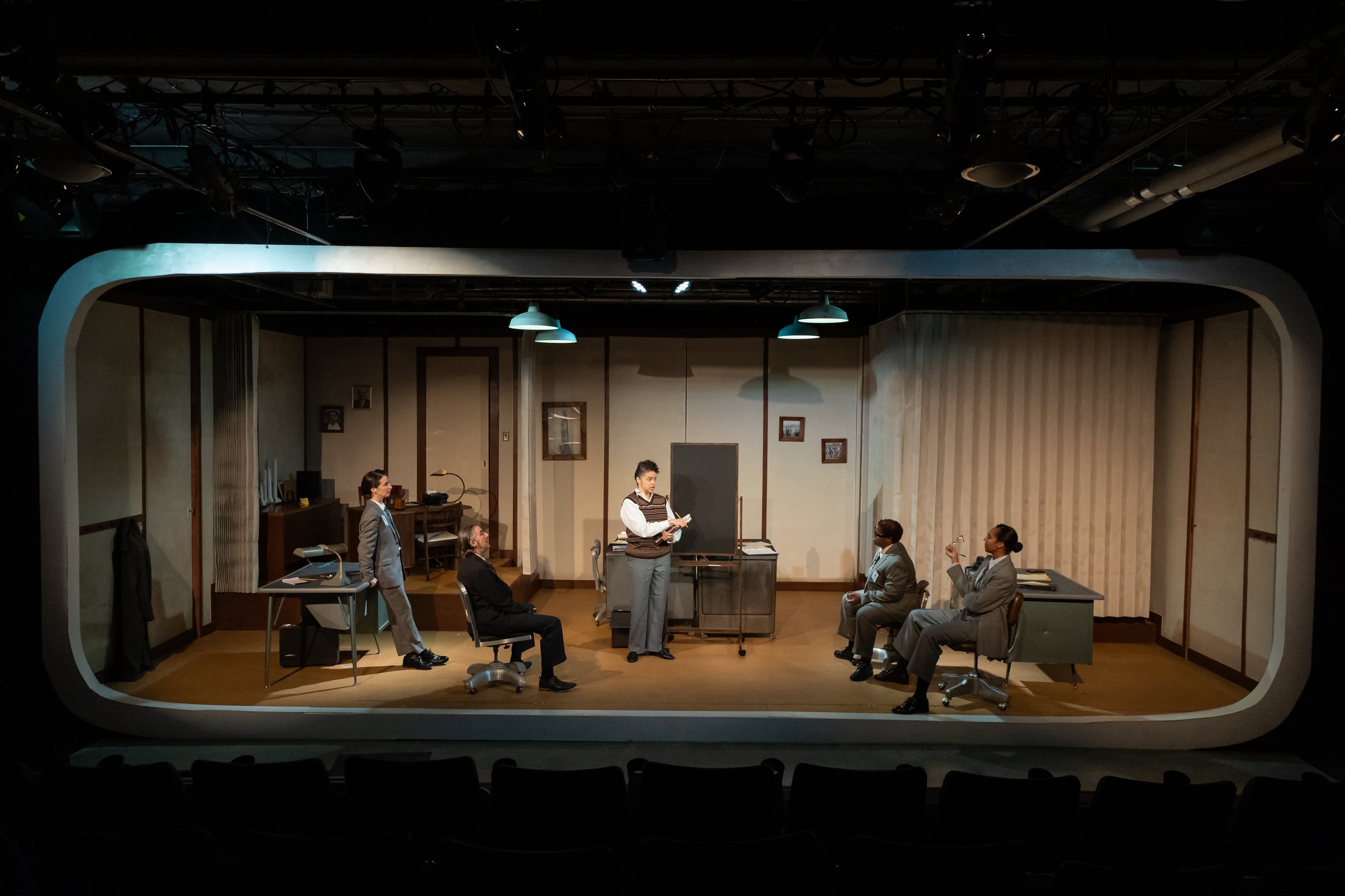 The Synchronicity Theatre stage is set as an office at Redstone Arsenal, part of the Army Ballistic Missile Agency. There, former Nazi scientist Wernher von Braun worked to help the U.S. launch rockets and satellites in the 1950s and '60s. (Courtesy of Casey Gardner Ford)