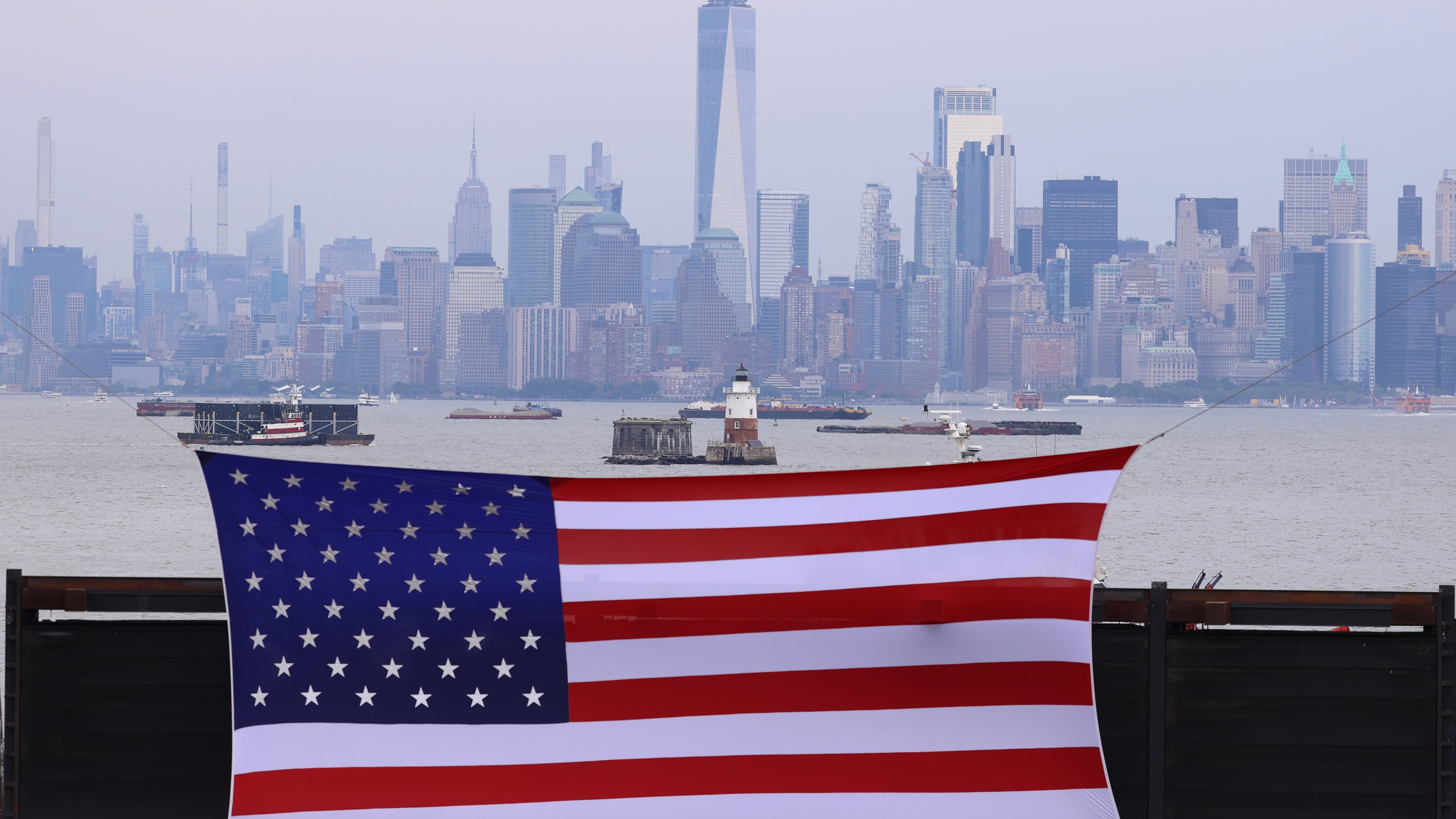 A general view of the New York skyline during an FDNY memorial to commemorate the 25th anniversary of the 9/11 attacks, Wednesday, Sept. 9, 2026, in the Staten Island borough of New York. (AP Photo/Pamela Smith)