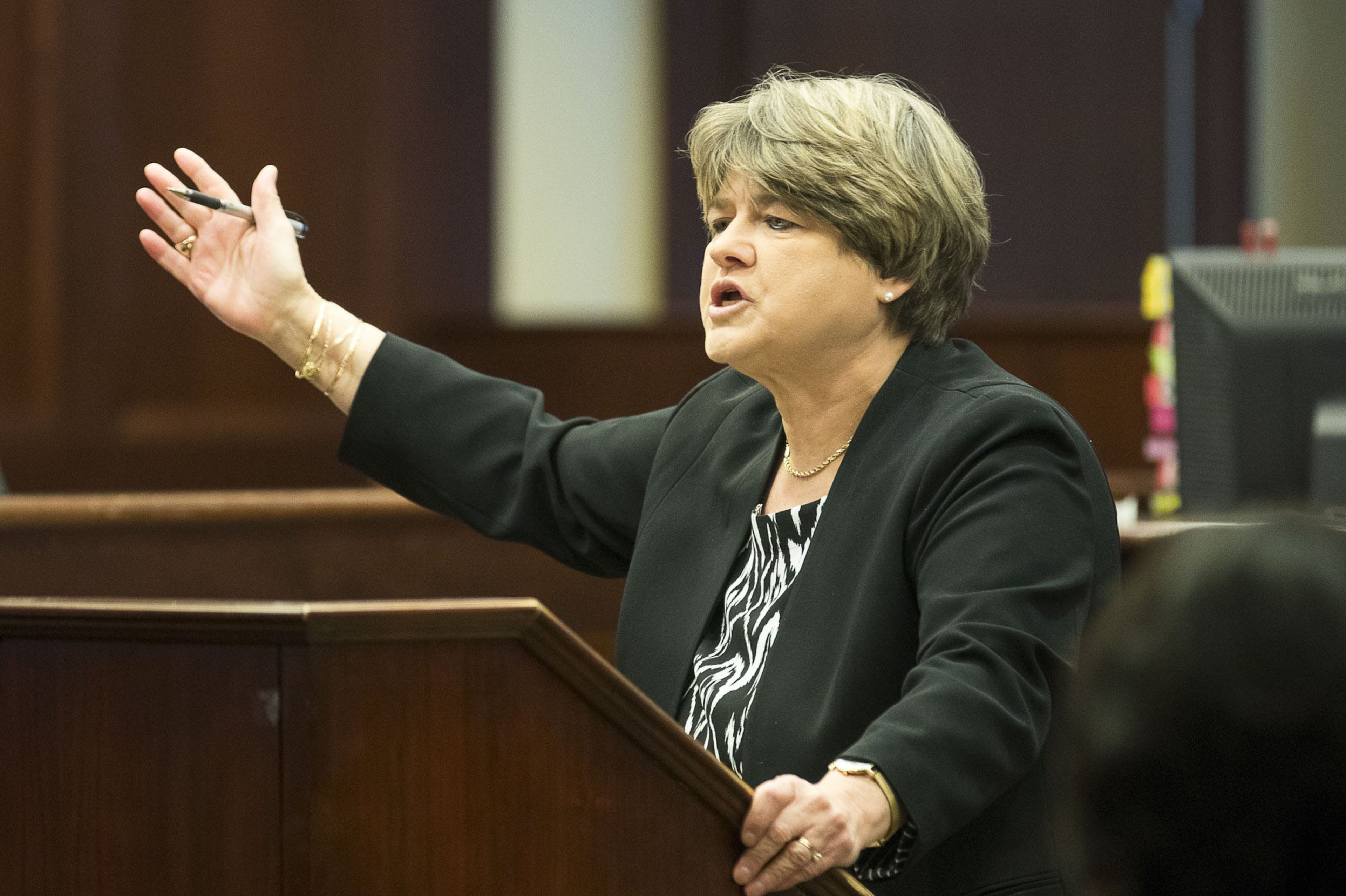 Defense attorney Corinne Mull gives her closing arguments during the trial of Jennifer and Joseph Rosenbaum in front of Henry County Judge Brian Amero at the Henry County Superior Court in McDonough on July 26, 2019. The trial began on July 8. (Alyssa Pointer/alyssa.pointer@ajc.com)