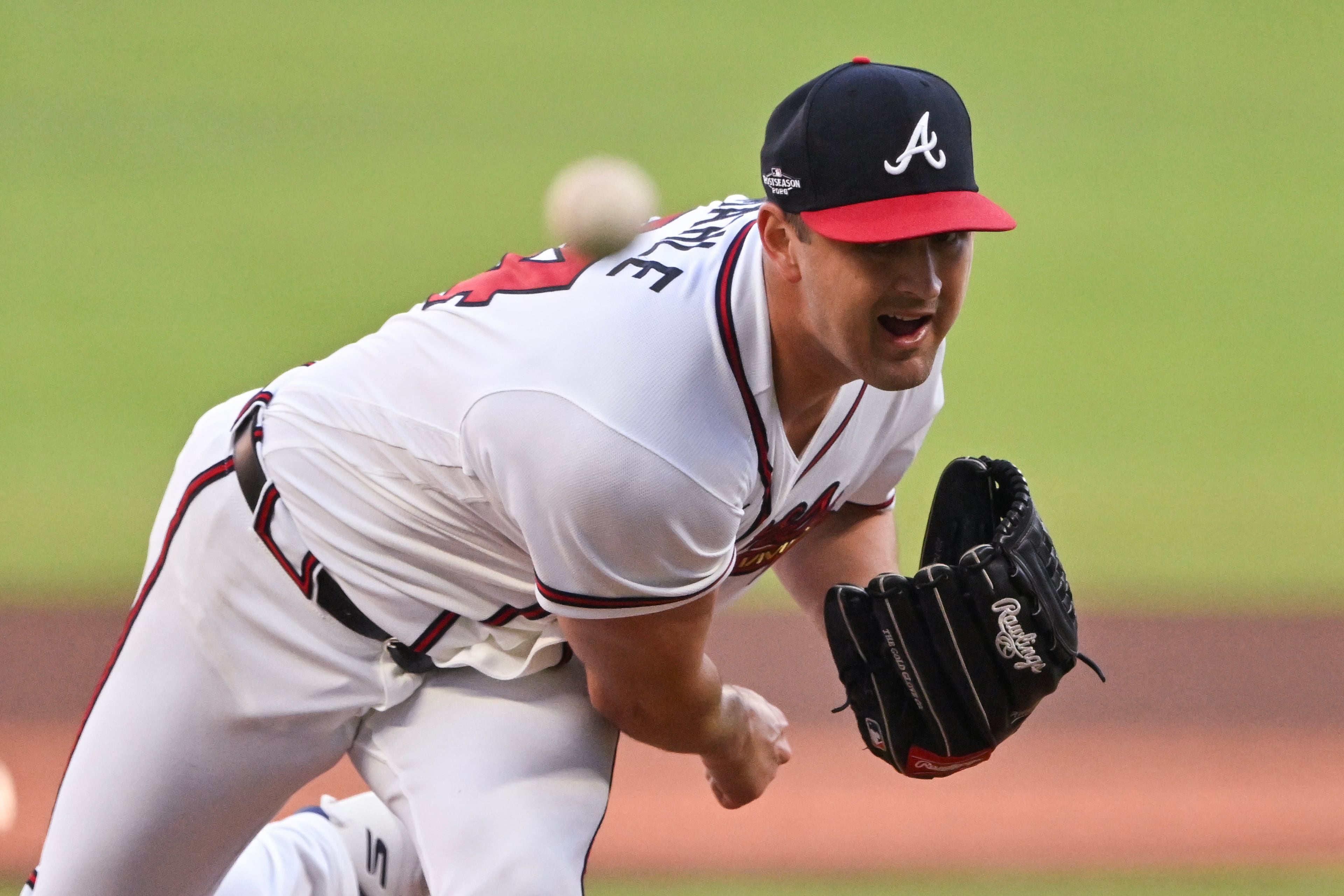 Atlanta Braves pitcher Tyler Mahle (54) delivers to a Los Angeles Dodgers batter during the first inning of Game 4 of the MLB National League Division Series between the Atlanta Braves and the Los Angeles Dodgers, Wednesday, Oct. 7, 2026, in Atlanta. (Hyosub Shin/AJC)