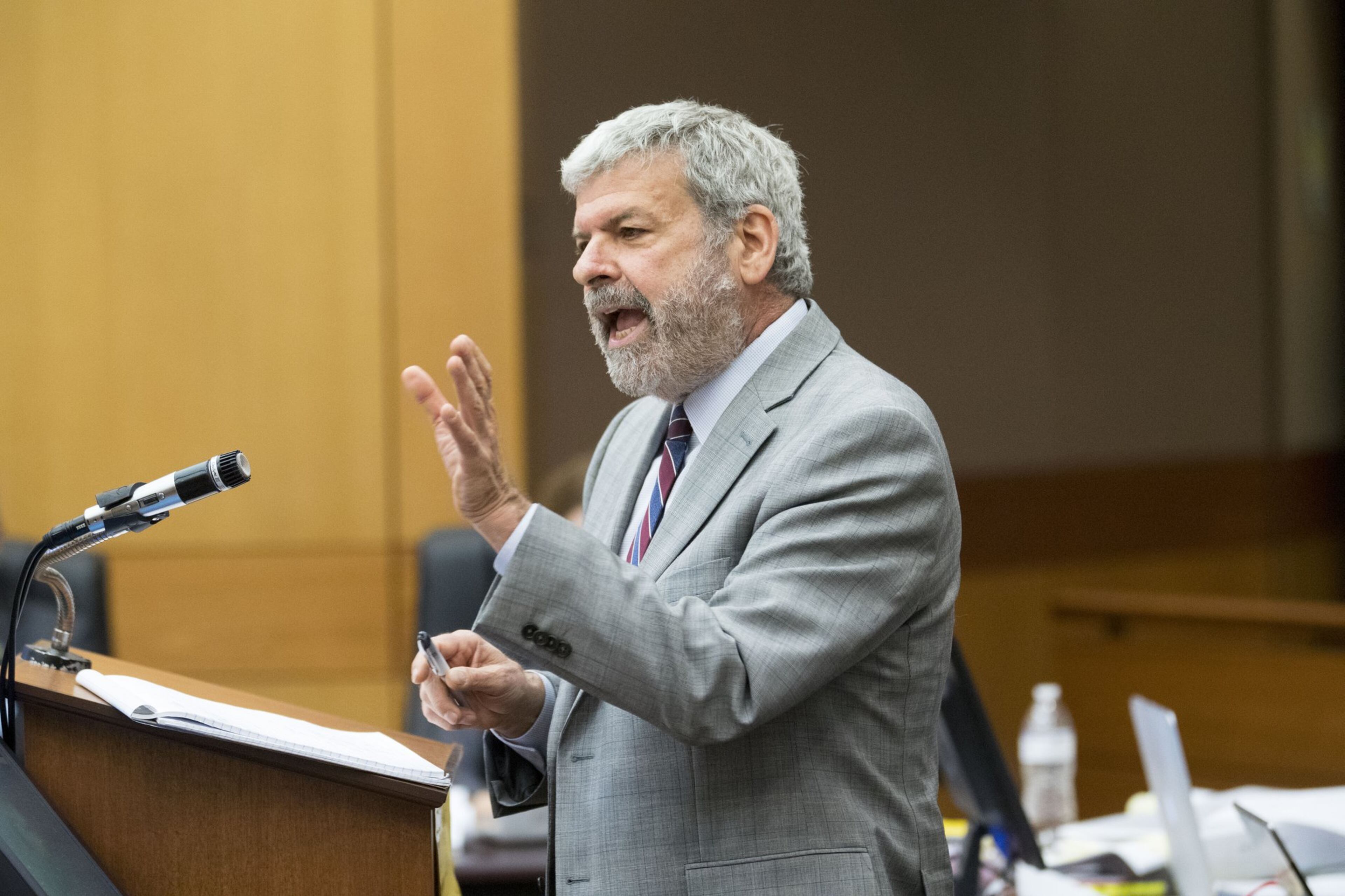 03/15/2018 — Atlanta, GA - Defense attorney Don Samuel cross examines a witness during the third day of trial for Tex McIver before Fulton County Chief Judge Robert McBurney, Thursday, March 15, 2018. ALYSSA POINTER/ALYSSA.POINTER@AJC.COM