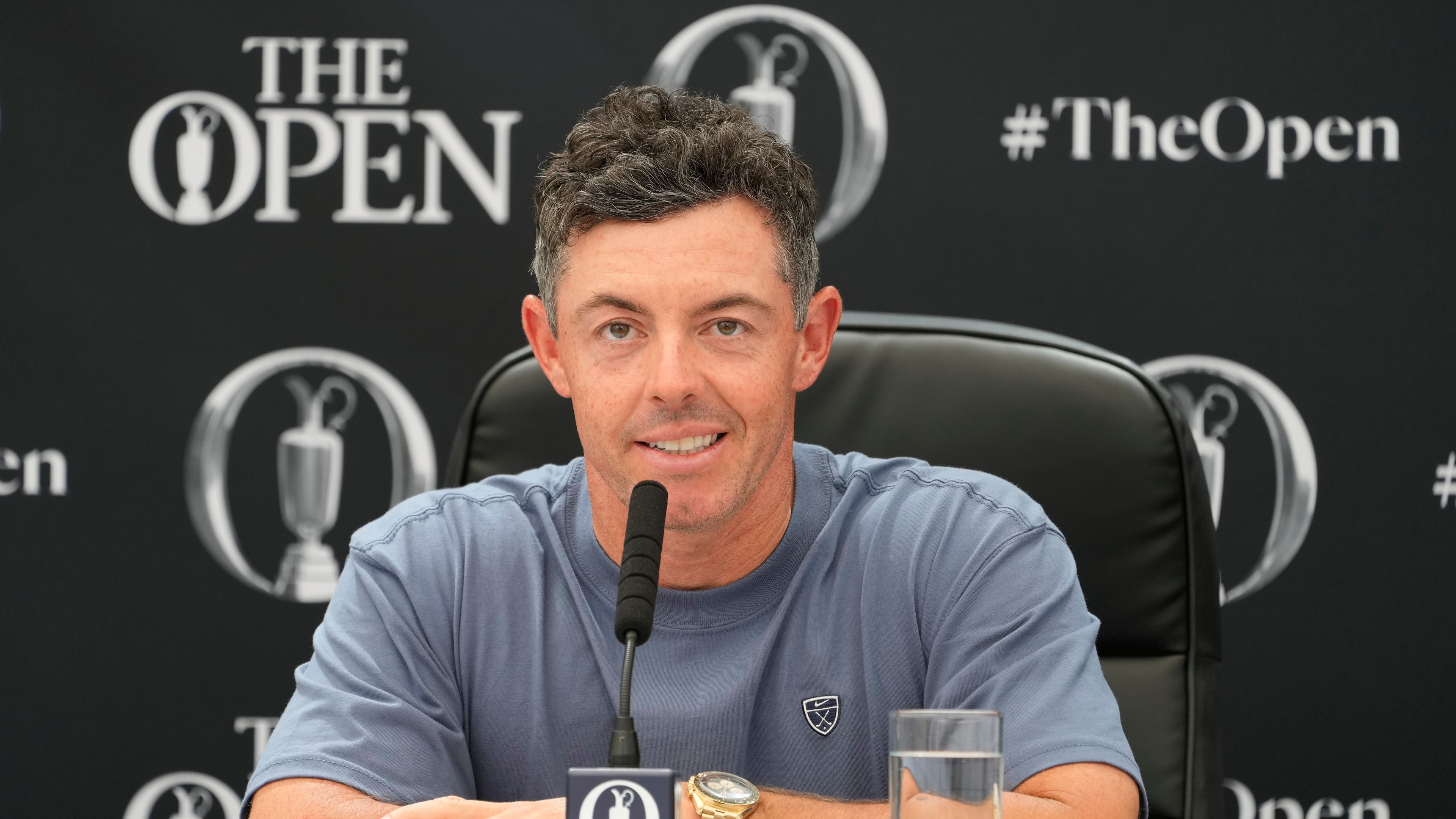 Rory McIlroy of Northern Ireland speaks at a press conference ahead of the British Open Golf championships at Royal Birkdale golf club, in Southport, England, Tuesday, July 14, 2026. (AP Photo/David Goldman)