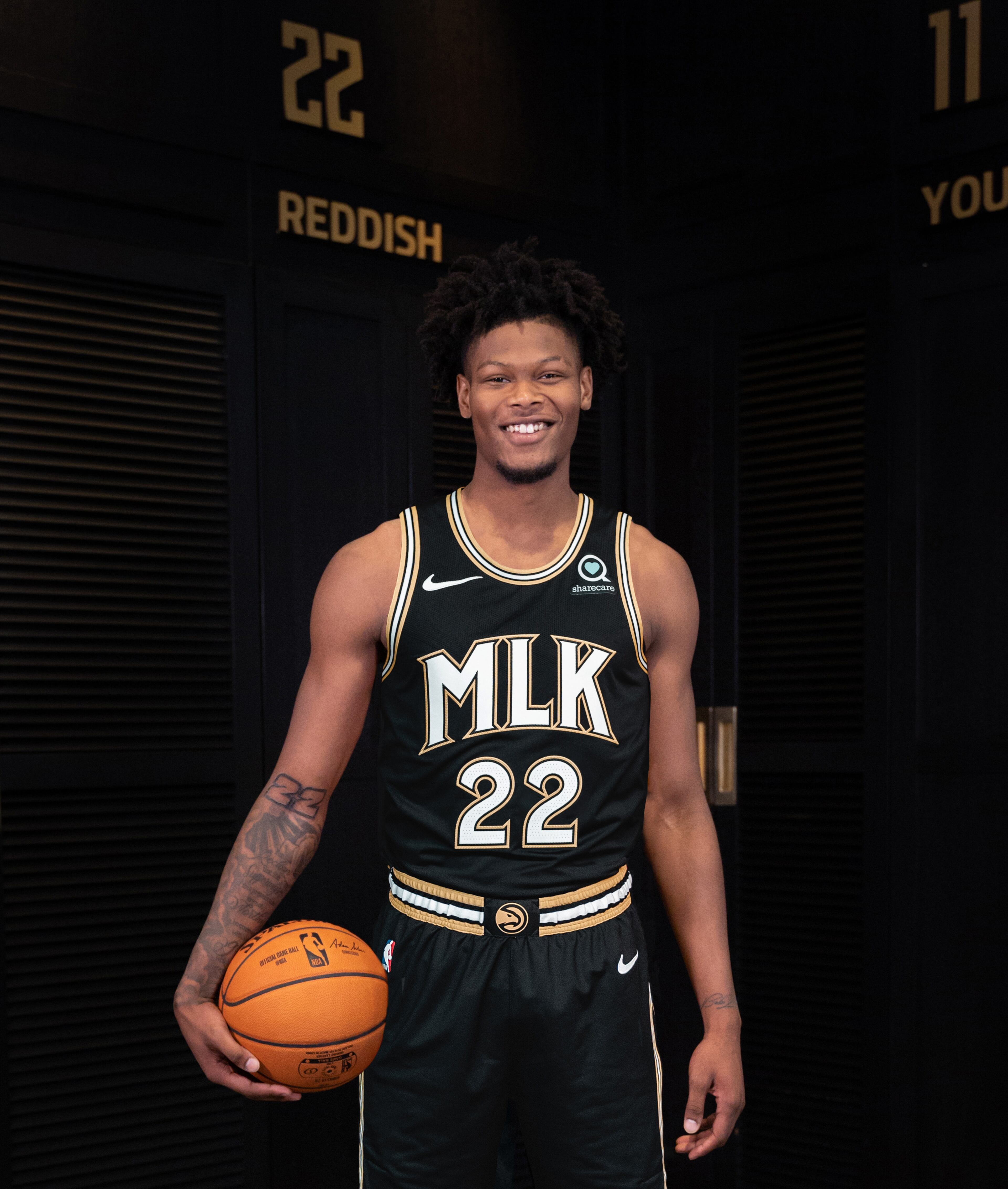 Hawks forward Cam Reddish models Atlanta's 2020-21 City Edition uniform, which honors the Rev. Martin Luther King Jr.