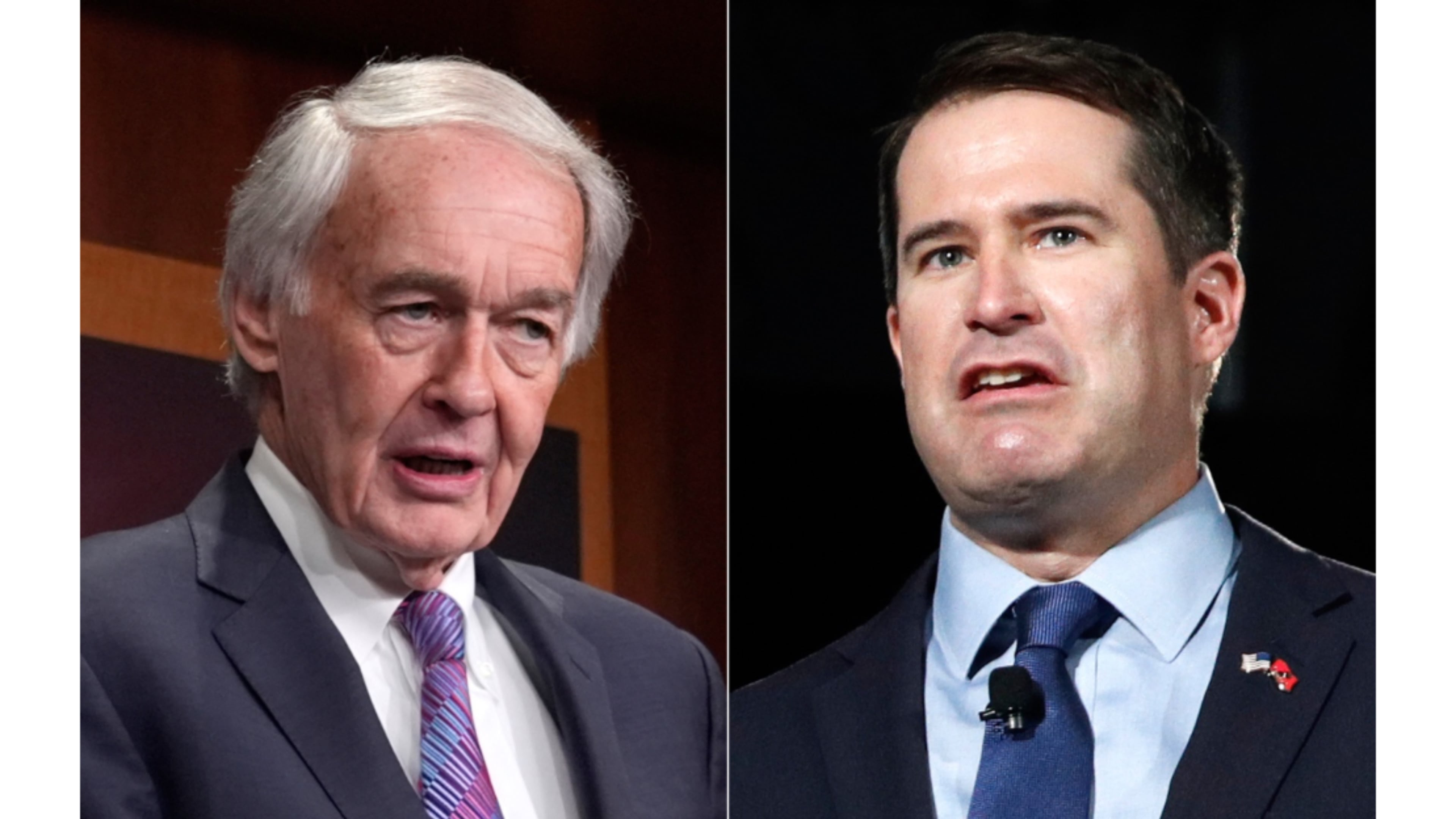 In this combination photo, Sen. Ed Markey, D-Mass., speaks during a news conference at the Capitol in Washington, March 27, 2025, left, and Rep. Seth Moulton, D-Mass., speaks during a candidate forum, Aug. 3, 2019, in Las Vegas. (AP Photo)