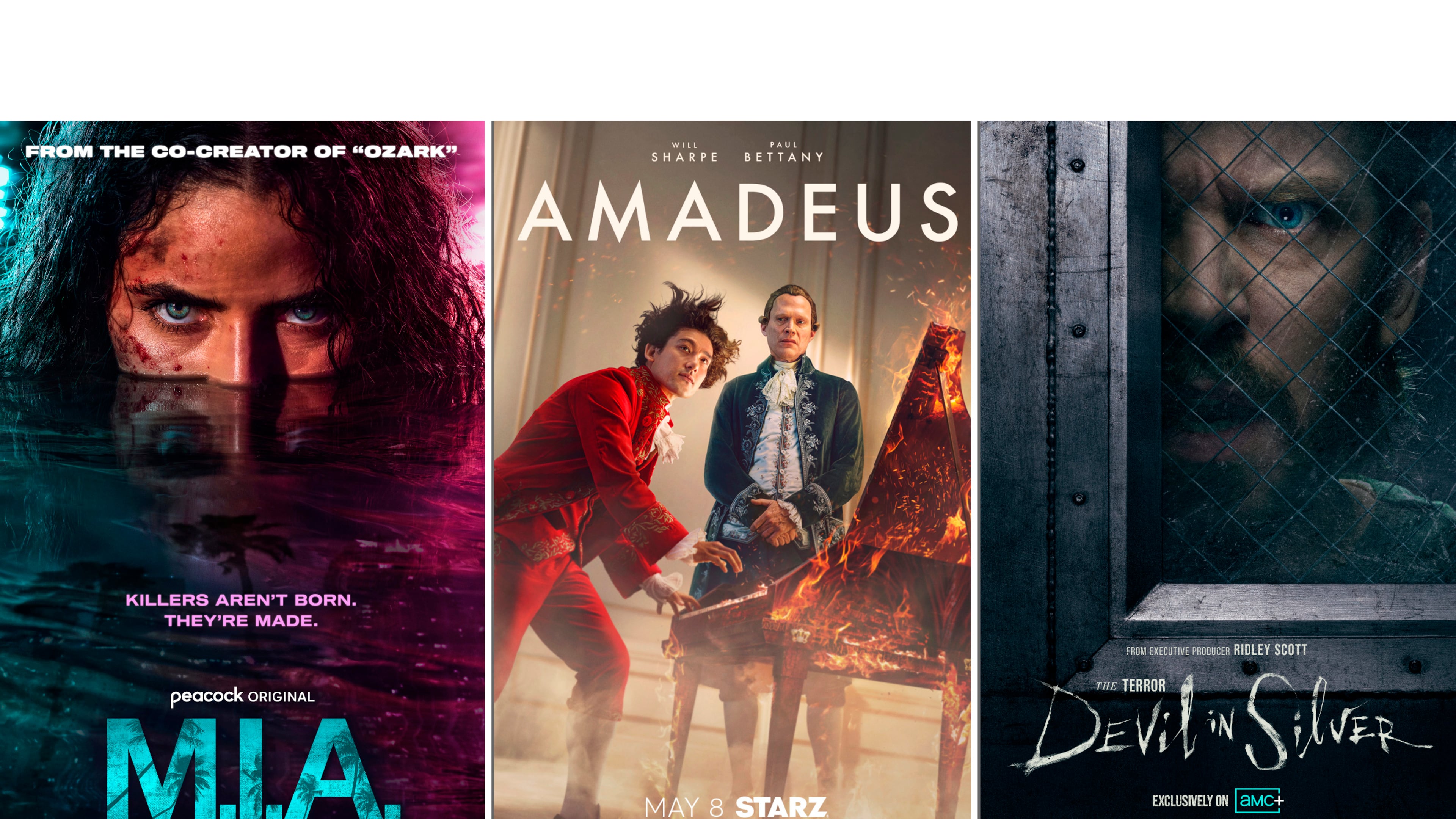 This combination of images show promotional art, from left, "M.I.A," from left, "Amadeus," and "Devil in Silver." (Peacock/Starz/AMC+ via AP)