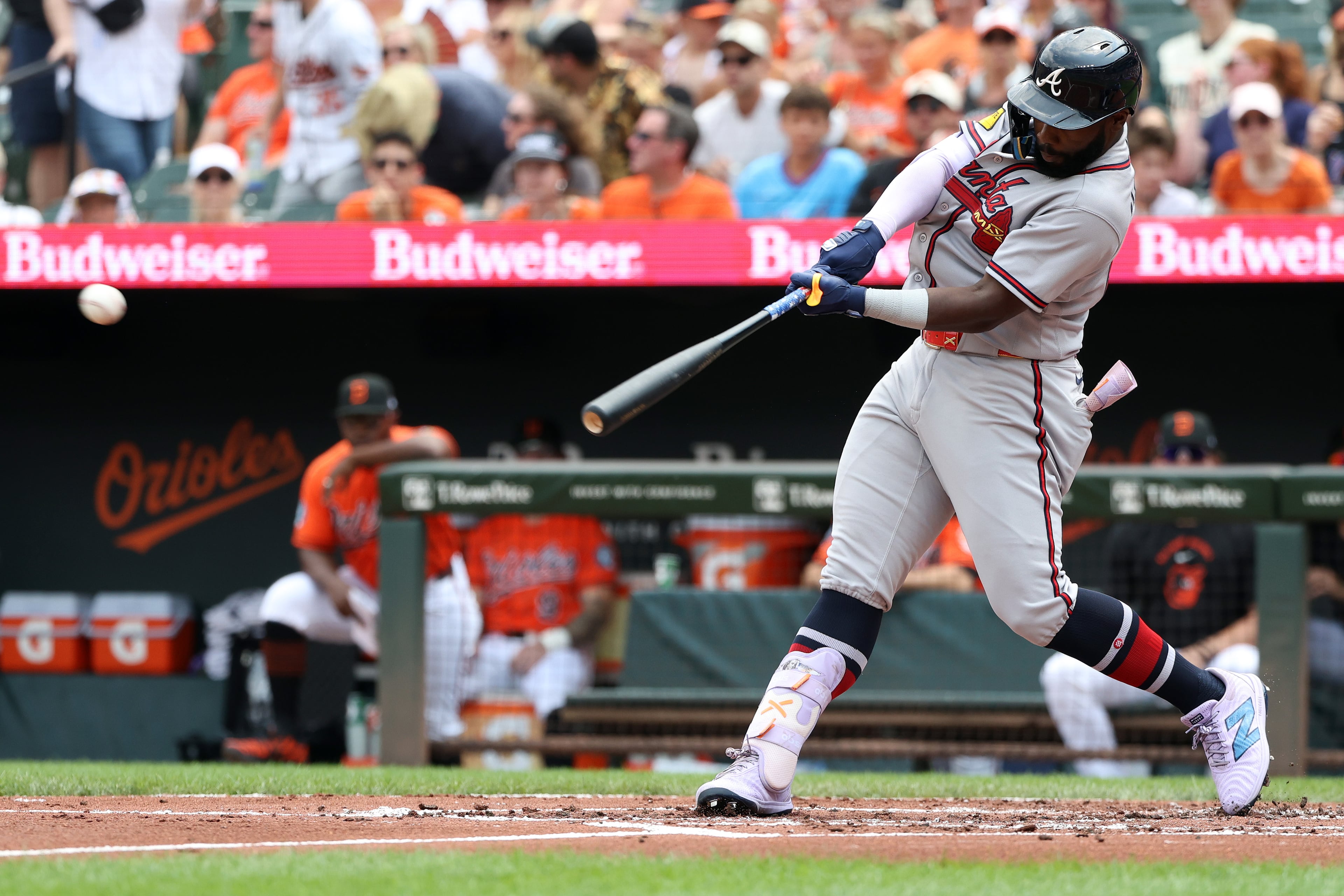 Braves outfielder Michael Harris II hits a single against the Orioles on Sunday, July 26, 2026, in Baltimore. (Daniel Kucin Jr./AP)
