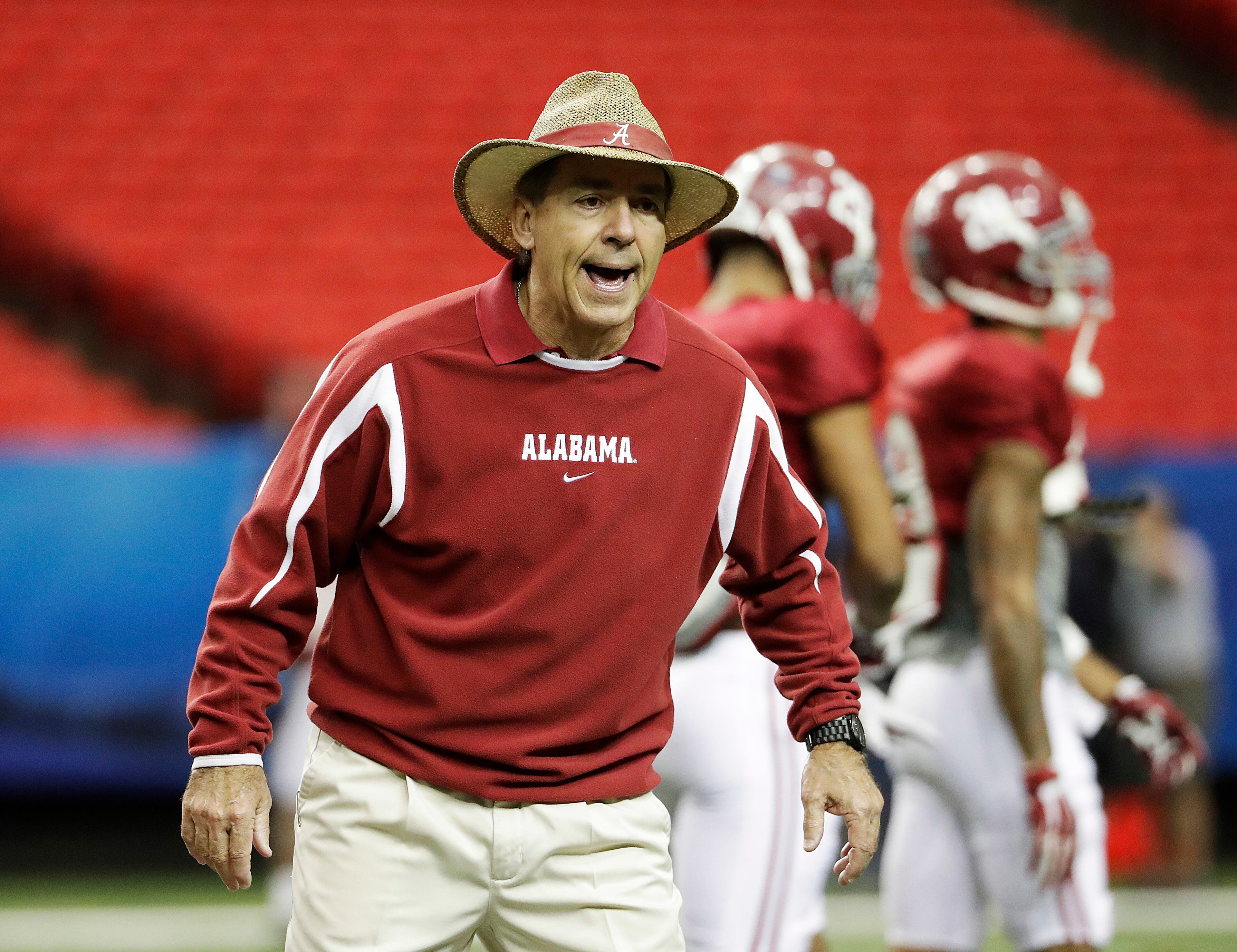 Alabama head coach Nick Saban watches a drill during a Peach Bowl NCAA college football practice in Atlanta, Wednesday, Dec. 28, 2016. Alabama and Washington will face off in the Peach Bowl football game Saturday. (AP Photo/David Goldman)