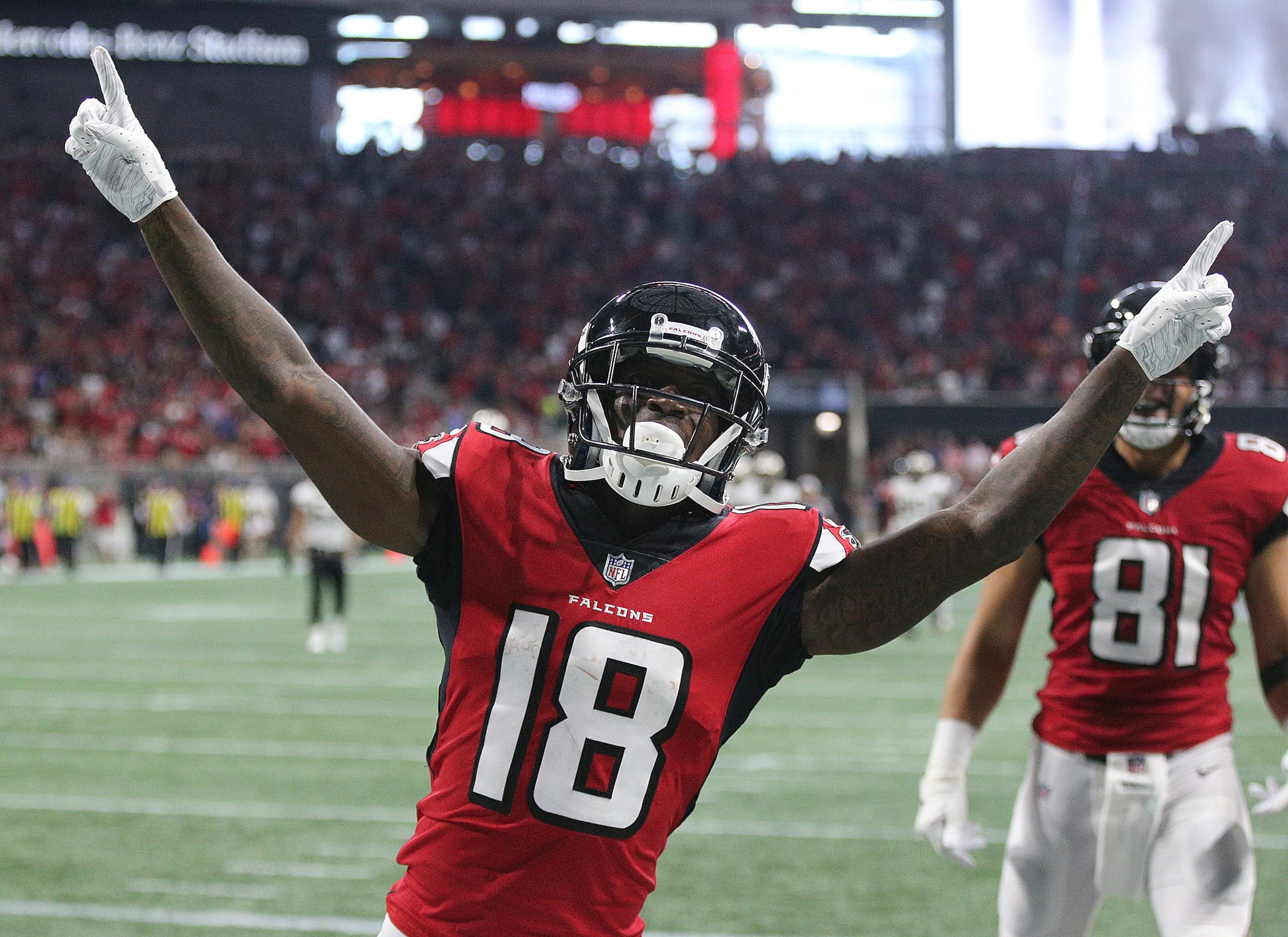 September 23, 2018 Atlanta: Atlanta Falcons wide receiver Calvin Ridley reacts to catching his second touchdown pass from Matt Ryan for a 14-13 lead over the New Orleans Saints during the second quarter in an NFL game on Sunday, Sept 23, 2018, in Atlanta. Curtis Compton/ccompton@ajc.com