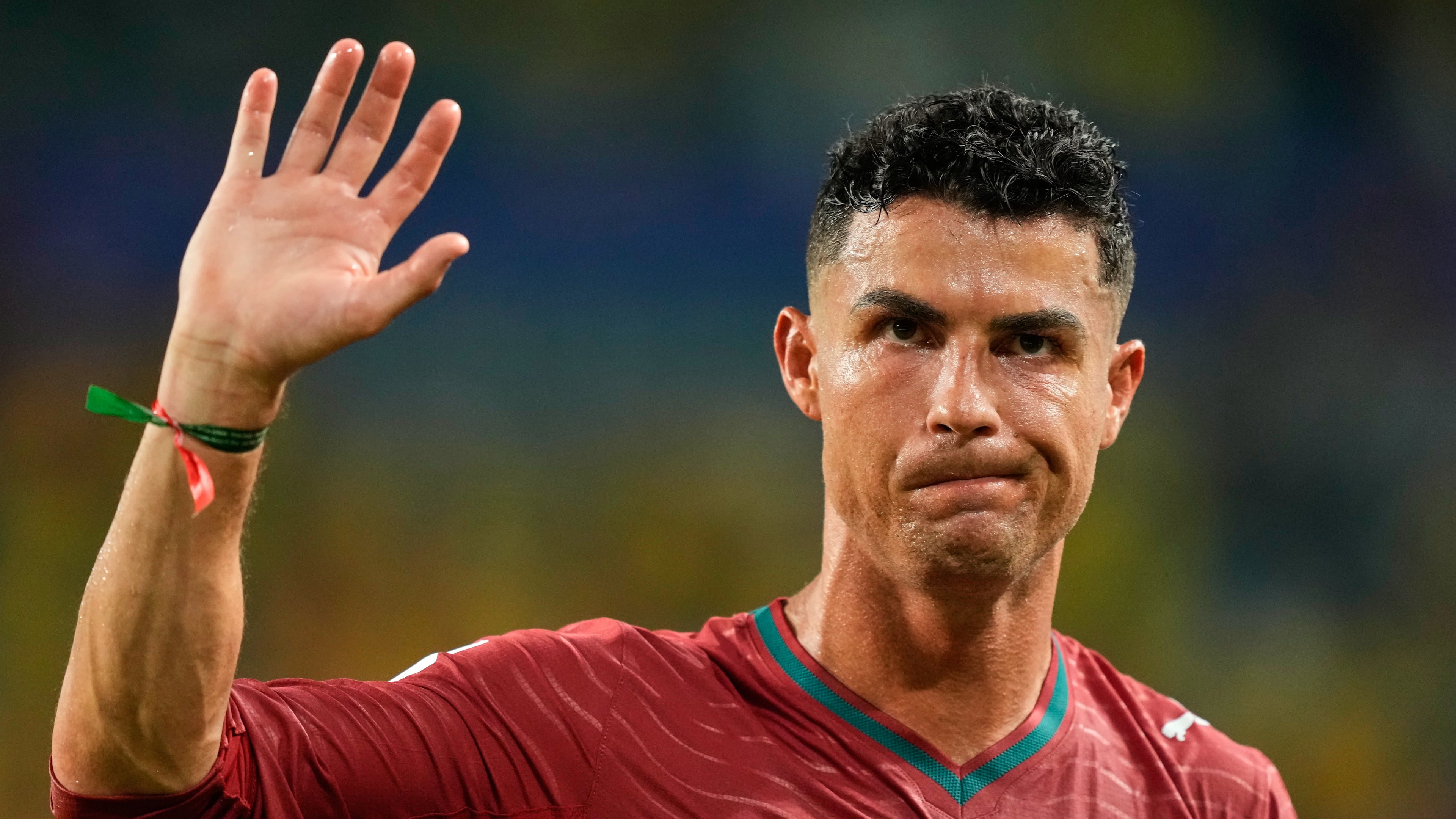FILE - Portugal's Cristiano Ronaldo waves following the World Cup Group K soccer match between Colombia and Portugal in Miami Gardens, Fla., Saturday, June 27, 2026. (AP Photo/Rebecca Blackwell, file)