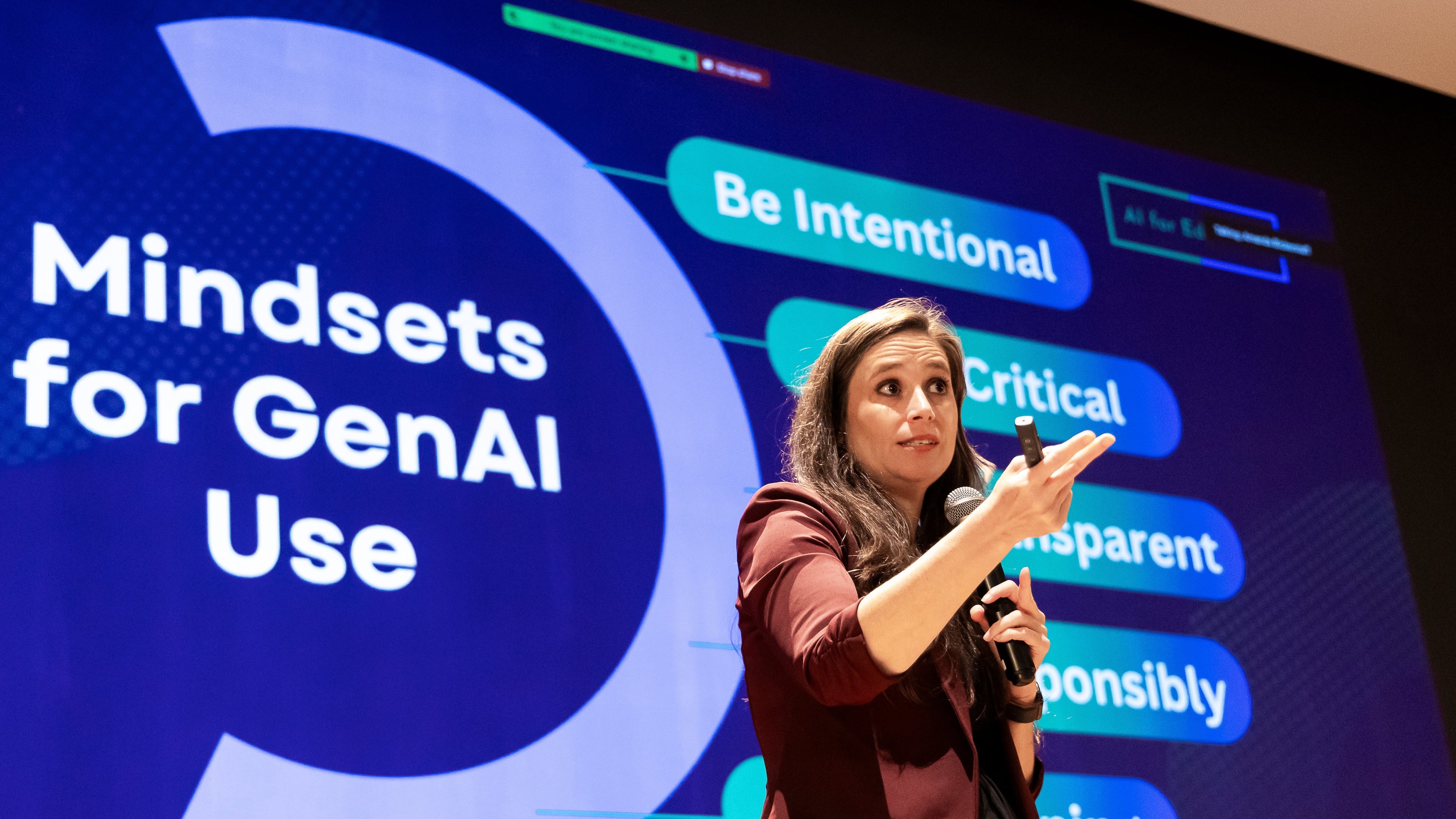 Amanda Bickerstaff, CEO of AI for Education, speaks at Academic Magnet High School during the Charleston County School District Charleston Educator Symposium Wednesday, July 22, 2026 in North Charleston, S.C. (AP Photo/Mic Smith)
