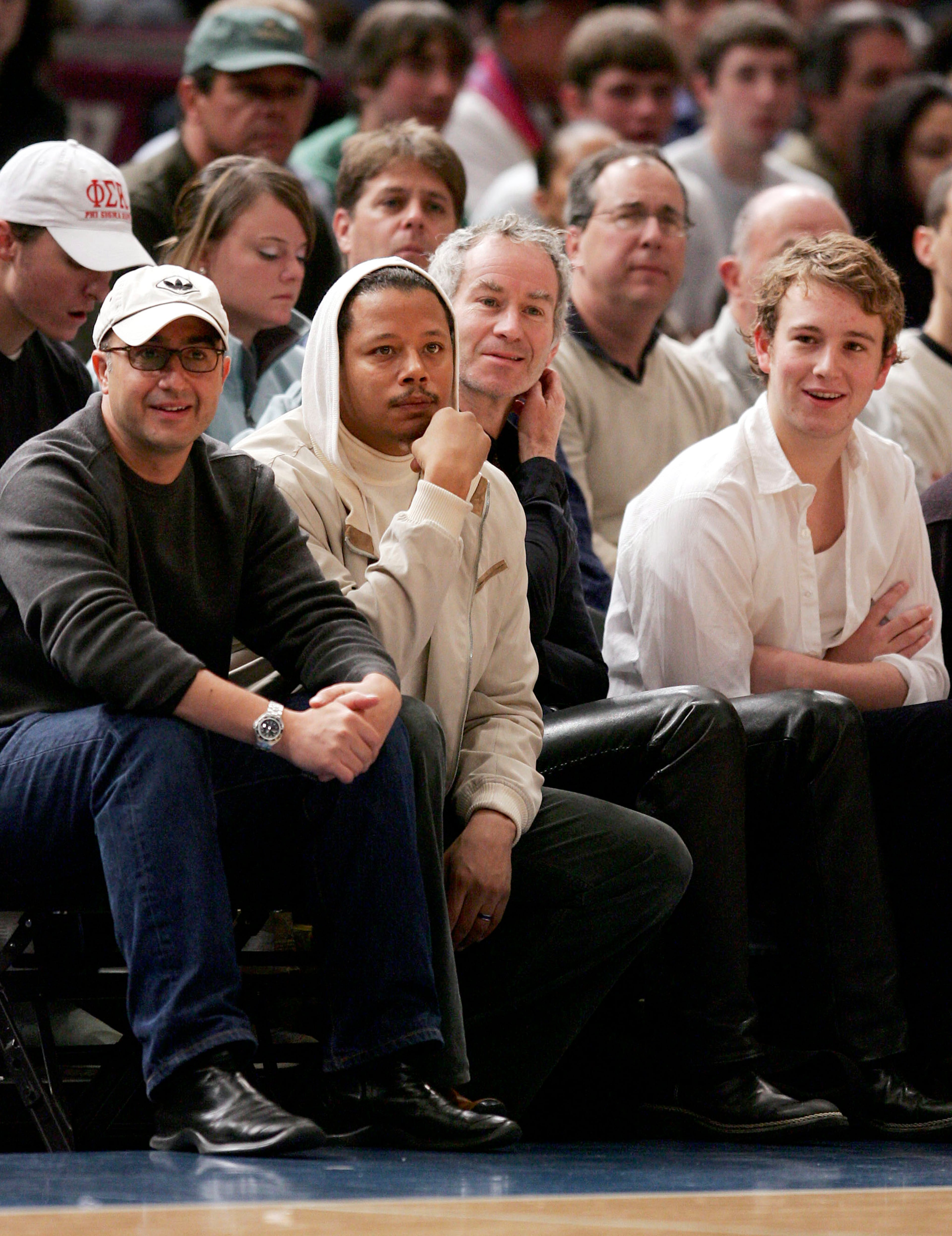Actor Terrence Howard and tennis great John McInroe watch the New York Knicks against the Philadelphia 76ers on November 26, 2005 at Madison Square Garden in New York City. The Knicks defeated the 76ers in overtime 105-102. NOTE TO USER: User expressly acknowledges and agrees that, by downloading and/or using this Photograph, user is consenting to the terms and conditions of the Getty Images License Agreement. (Photo by Nick Laham/Getty Images)