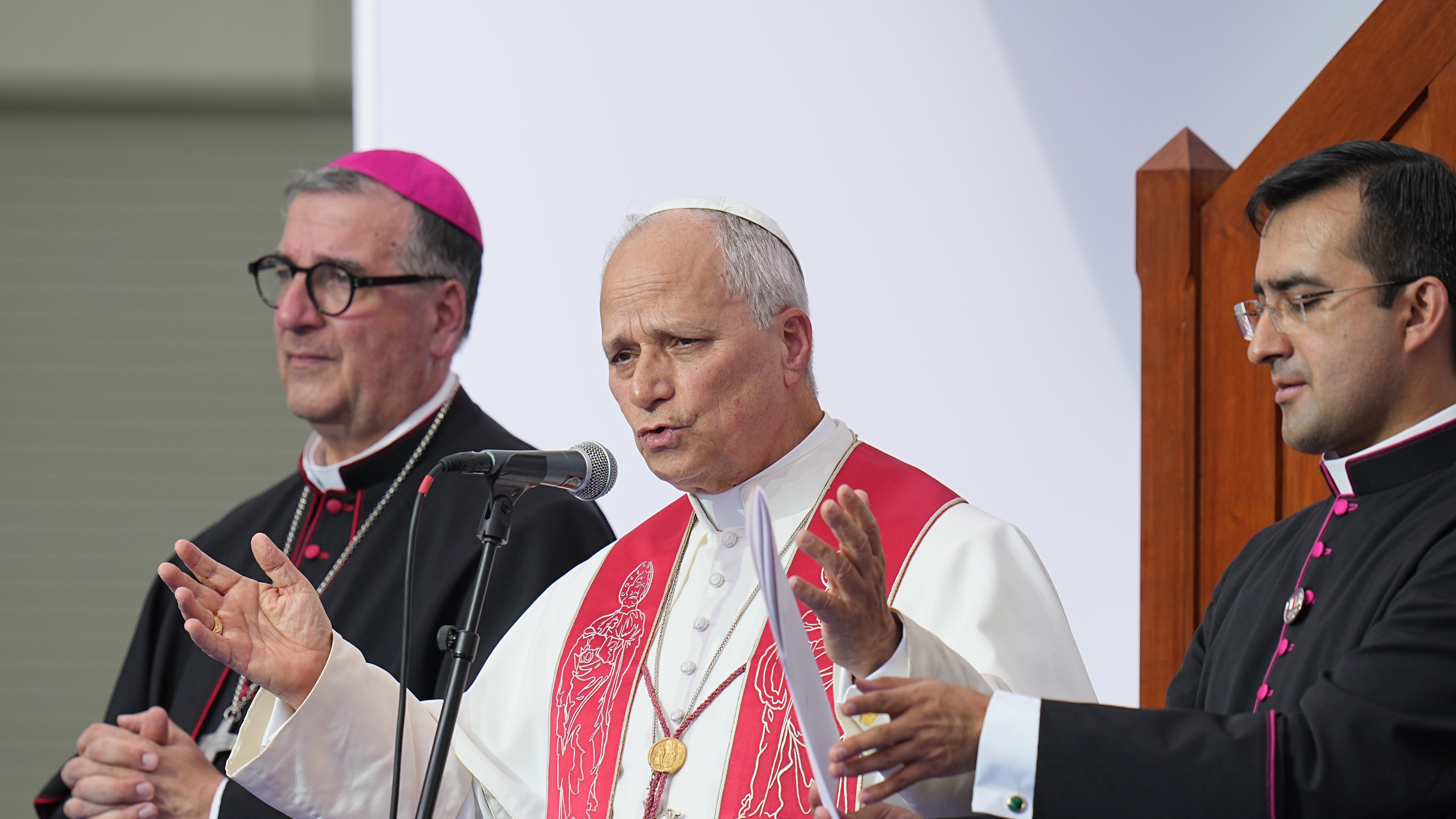 Pope Leo XIV meets with staff and guests of Accueil Notre-Dame and sick people at the Sanctuary of Our Lady of Lourdes, France, Sunday, Sept. 27, 2026. (AP Photo/Laurent Cipriani)